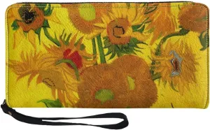 GLUDEAR Art Van Gogh Oil Painting Long Wallet for Womens Mens PU Leather Metal Zip RFID Wallet Clutch Purse,Vase with Fifteen Sunflowers,OneSize