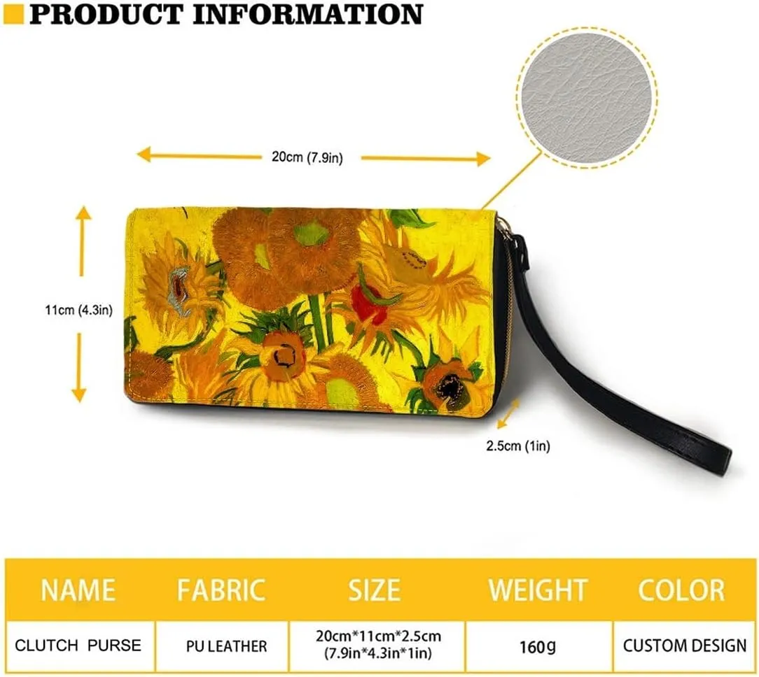 GLUDEAR Art Van Gogh Oil Painting Long Wallet for Womens Mens PU Leather Metal Zip RFID Wallet Clutch Purse,Vase with Fifteen Sunflowers,OneSize