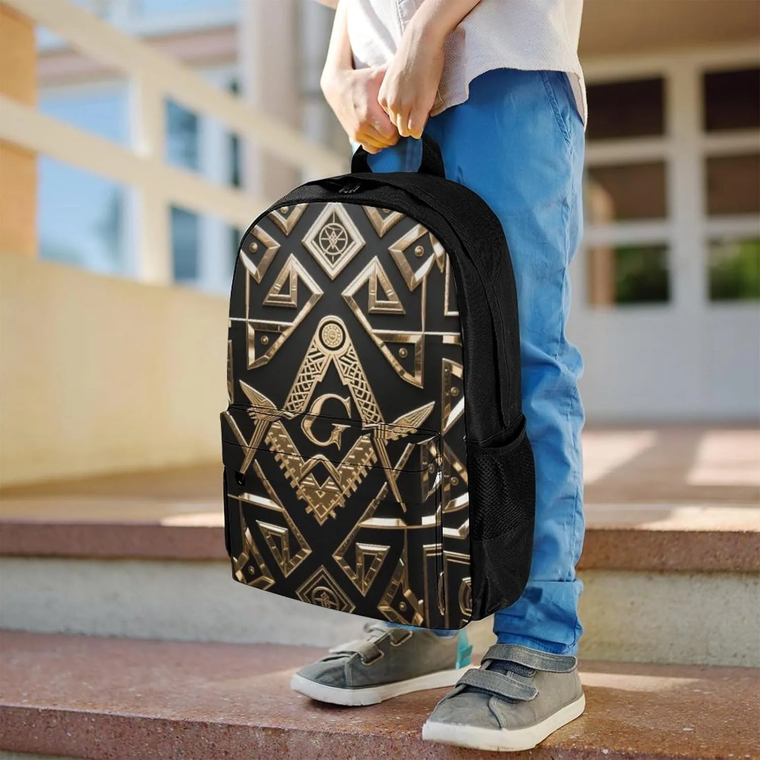Gold Freemason Freemasonry Masonic Art Rucksacks Lightweight Multipurpose Anti-Theft Shoulder Bag Big Capacity Traveling & Camping Backpack With Side Pockets