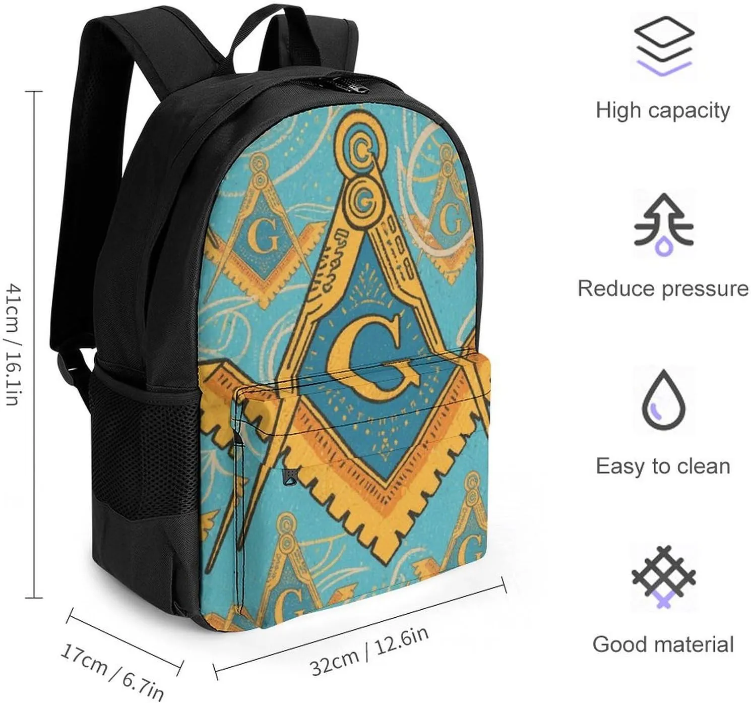 Gold Freemason Freemasonry Masonic Art Rucksacks Lightweight Multipurpose Anti-Theft Shoulder Bag Big Capacity Traveling & Camping Backpack With Side Pockets