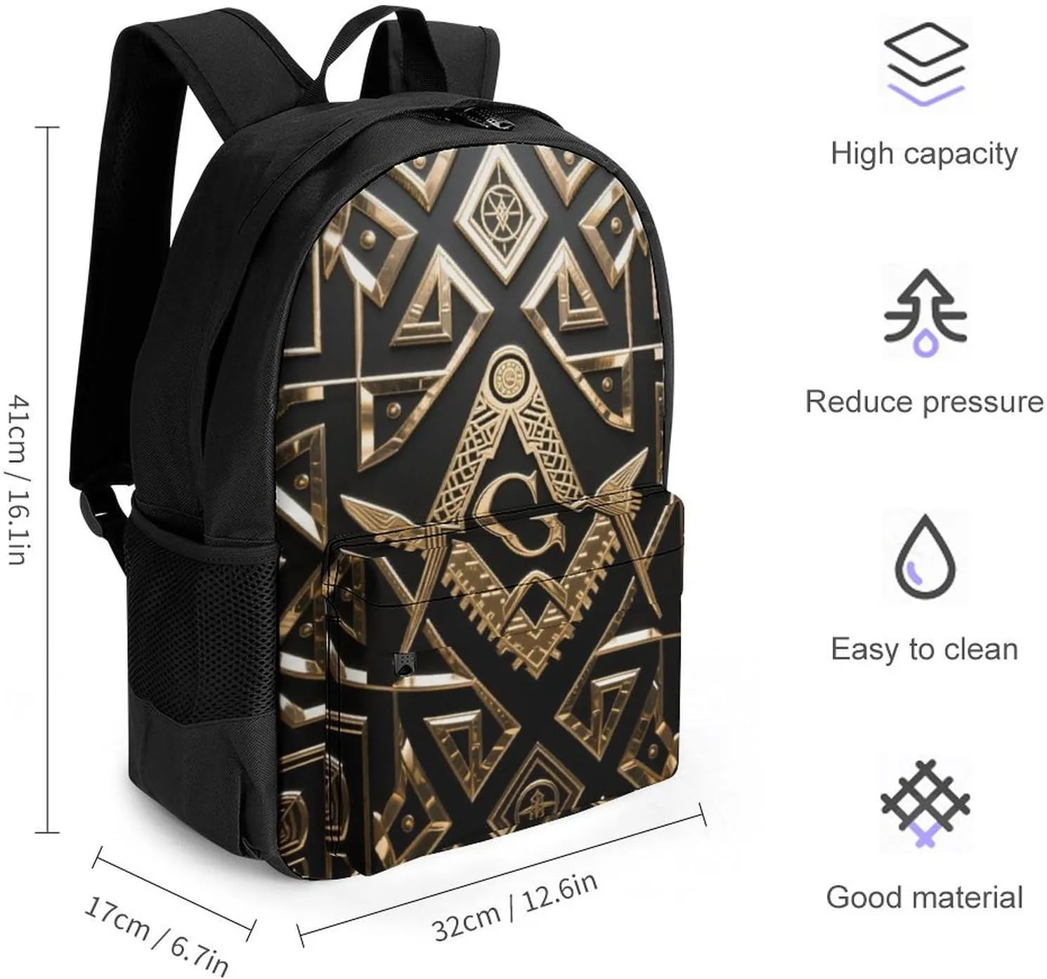 Gold Freemason Freemasonry Masonic Art Rucksacks Lightweight Multipurpose Anti-Theft Shoulder Bag Big Capacity Traveling & Camping Backpack With Side Pockets