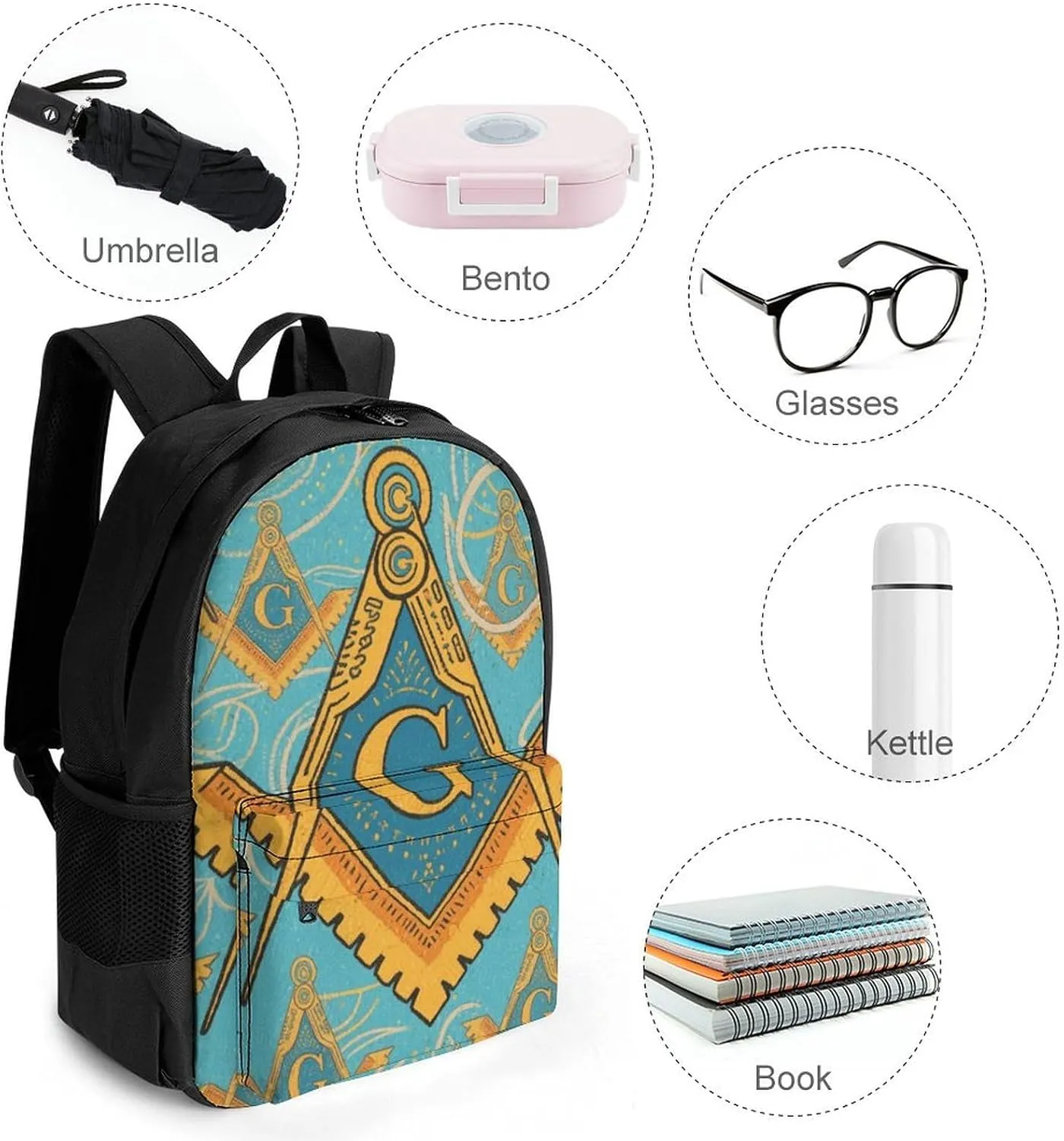 Gold Freemason Freemasonry Masonic Art Rucksacks Lightweight Multipurpose Anti-Theft Shoulder Bag Big Capacity Traveling & Camping Backpack With Side Pockets