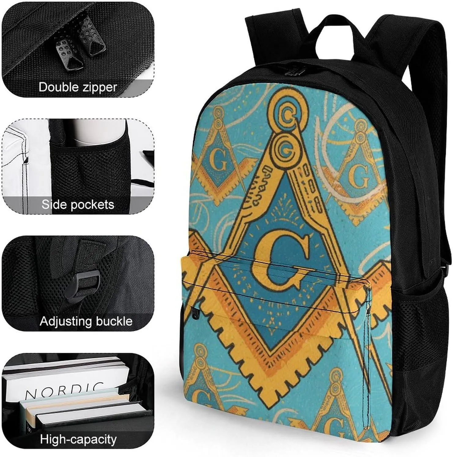 Gold Freemason Freemasonry Masonic Art Rucksacks Lightweight Multipurpose Anti-Theft Shoulder Bag Big Capacity Traveling & Camping Backpack With Side Pockets