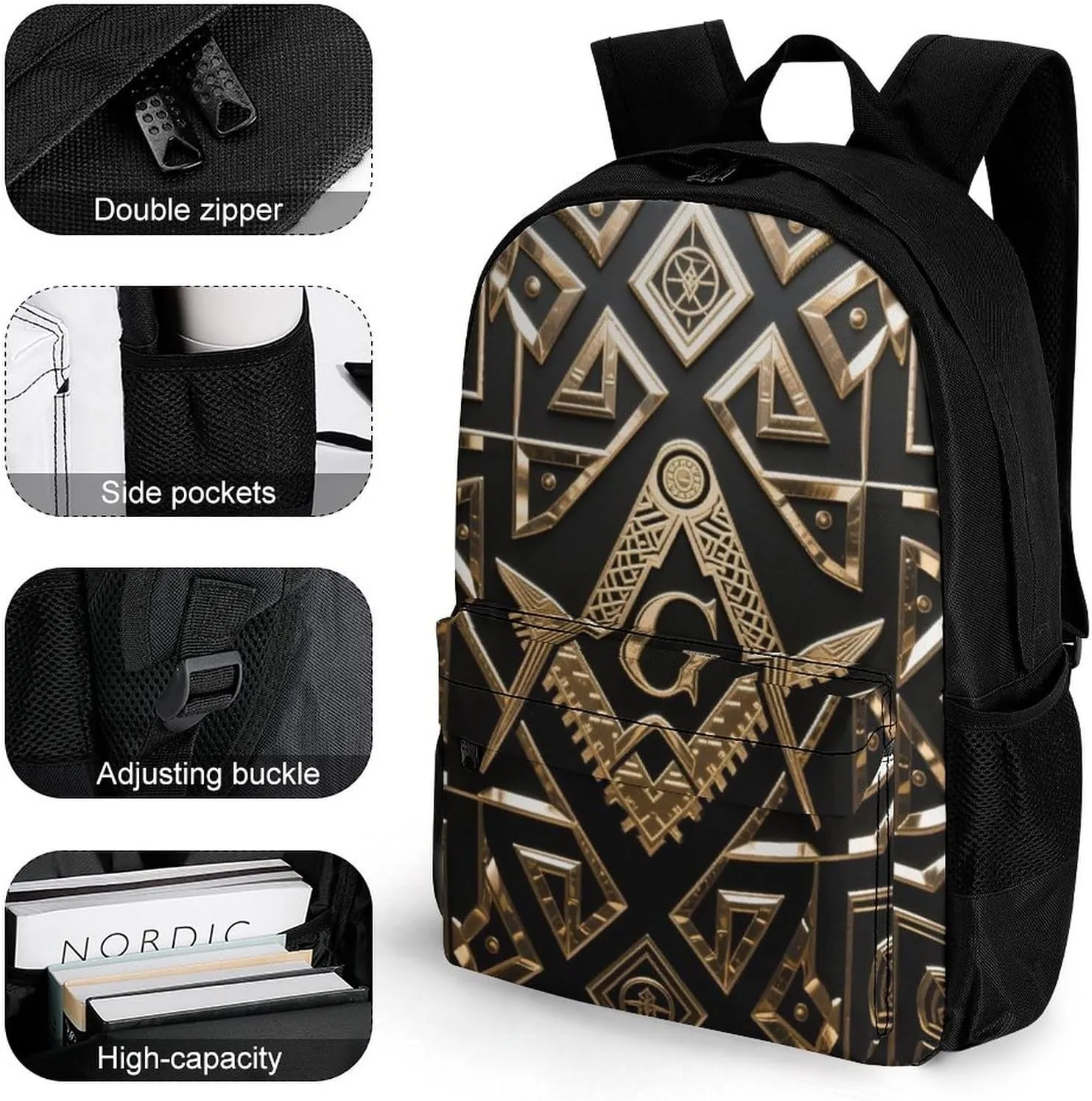 Gold Freemason Freemasonry Masonic Art Rucksacks Lightweight Multipurpose Anti-Theft Shoulder Bag Big Capacity Traveling & Camping Backpack With Side Pockets