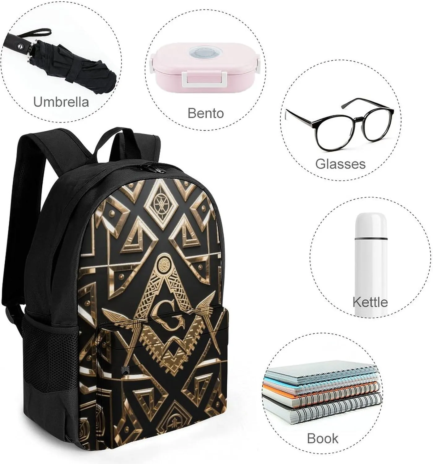 Gold Freemason Freemasonry Masonic Art Rucksacks Lightweight Multipurpose Anti-Theft Shoulder Bag Big Capacity Traveling & Camping Backpack With Side Pockets