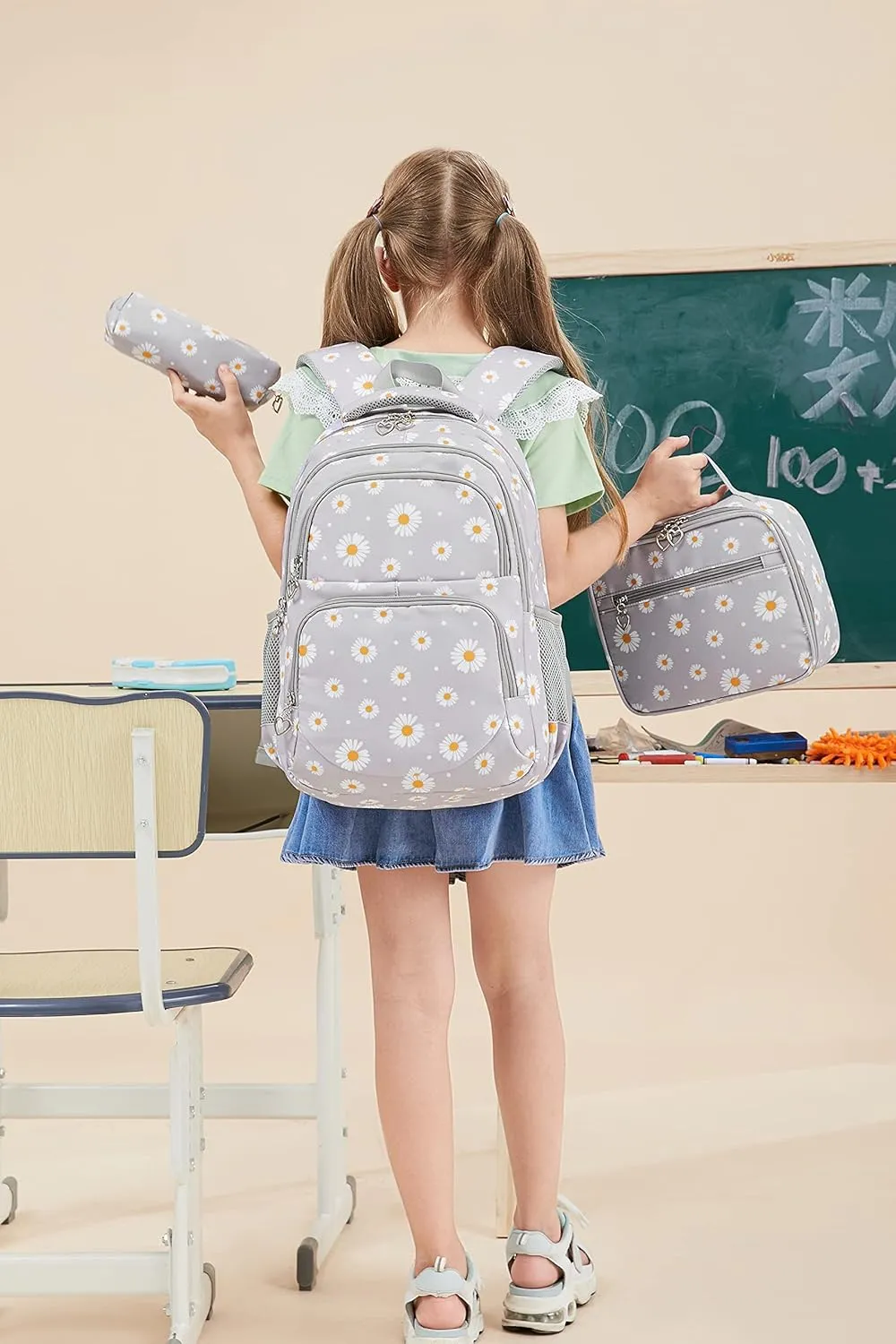 goldwheat Daisy Printed Backpacks With Lunch Pack Pencil Case 3pcs, Lightweight Water Resistant Bookbag For Middle School