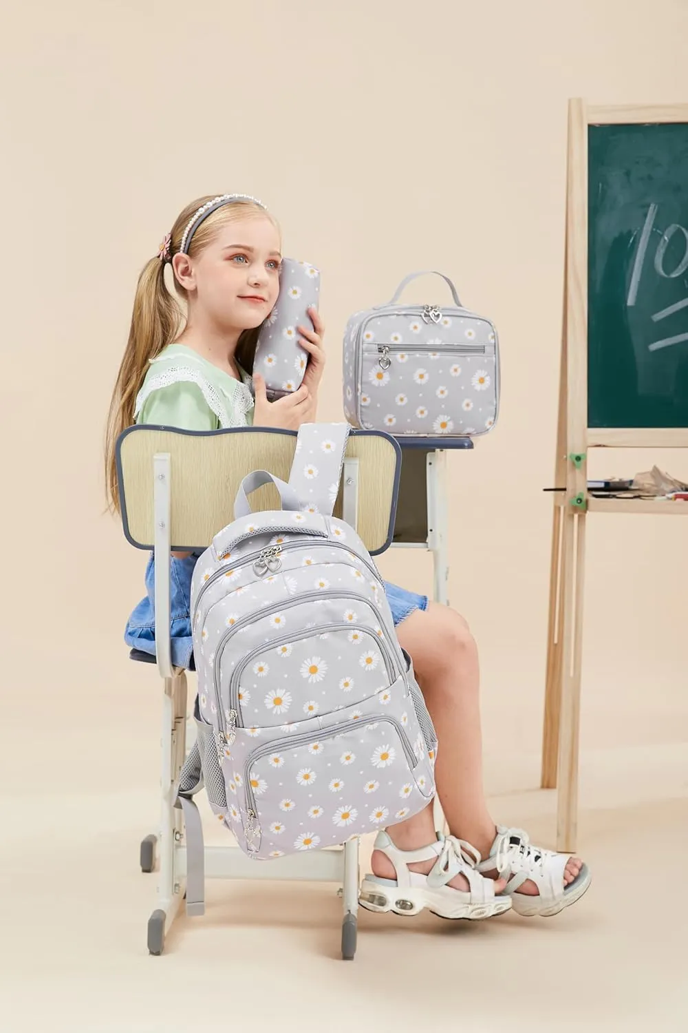 goldwheat Daisy Printed Backpacks With Lunch Pack Pencil Case 3pcs, Lightweight Water Resistant Bookbag For Middle School