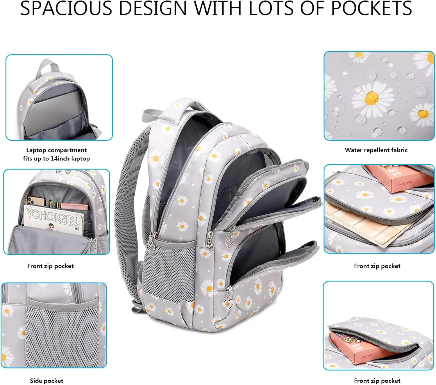 goldwheat Daisy Printed Backpacks With Lunch Pack Pencil Case 3pcs, Lightweight Water Resistant Bookbag For Middle School