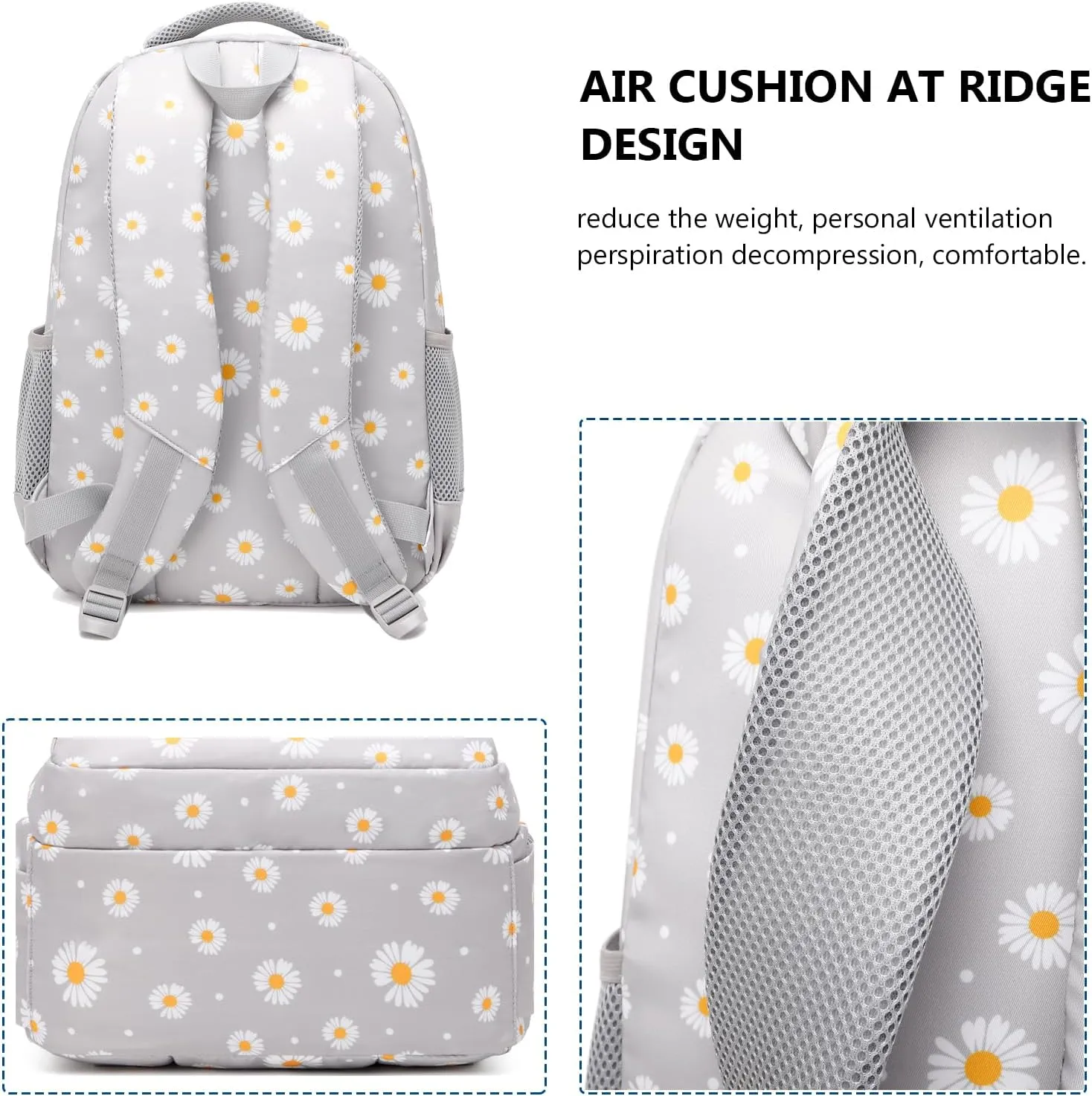 goldwheat Daisy Printed Backpacks With Lunch Pack Pencil Case 3pcs, Lightweight Water Resistant Bookbag For Middle School