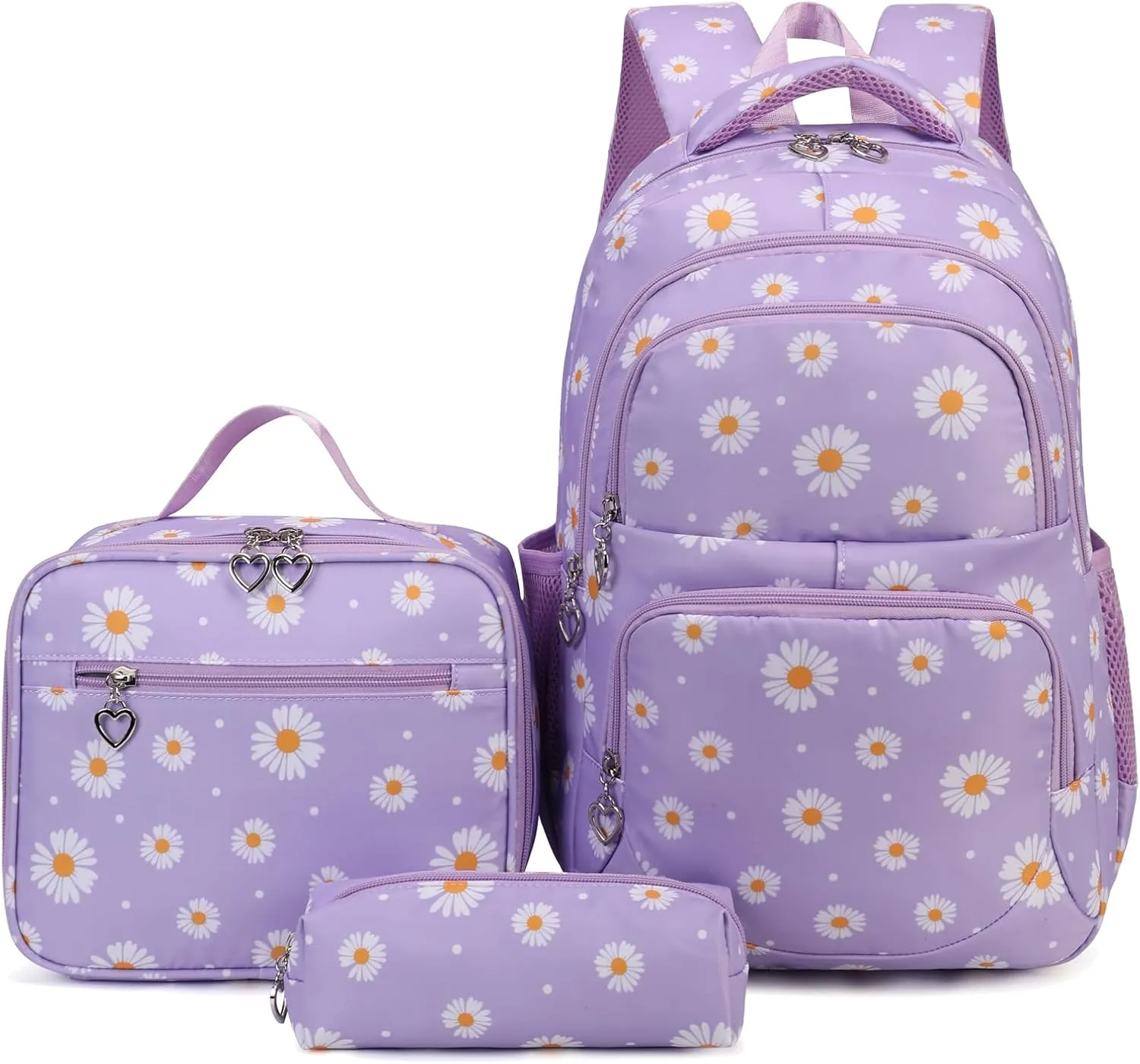 goldwheat Daisy Printed Backpacks With Lunch Pack Pencil Case 3pcs, Lightweight Water Resistant Bookbag For Middle School