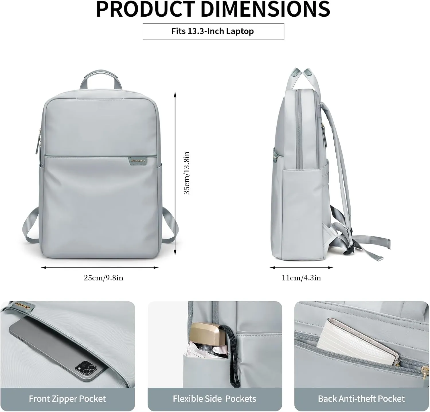 GOLF SUPAGS Travel Laptop Backpack for Women Anti Theft Slim Durable College Bookbag Business Computer Bag Fit 13.3Inch Notebook (Pale Grey, 13.3Inch)