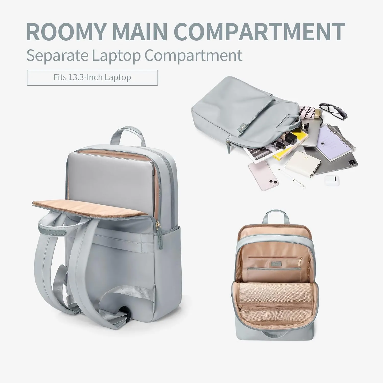 GOLF SUPAGS Travel Laptop Backpack for Women Anti Theft Slim Durable College Bookbag Business Computer Bag Fit 13.3Inch Notebook (Pale Grey, 13.3Inch)