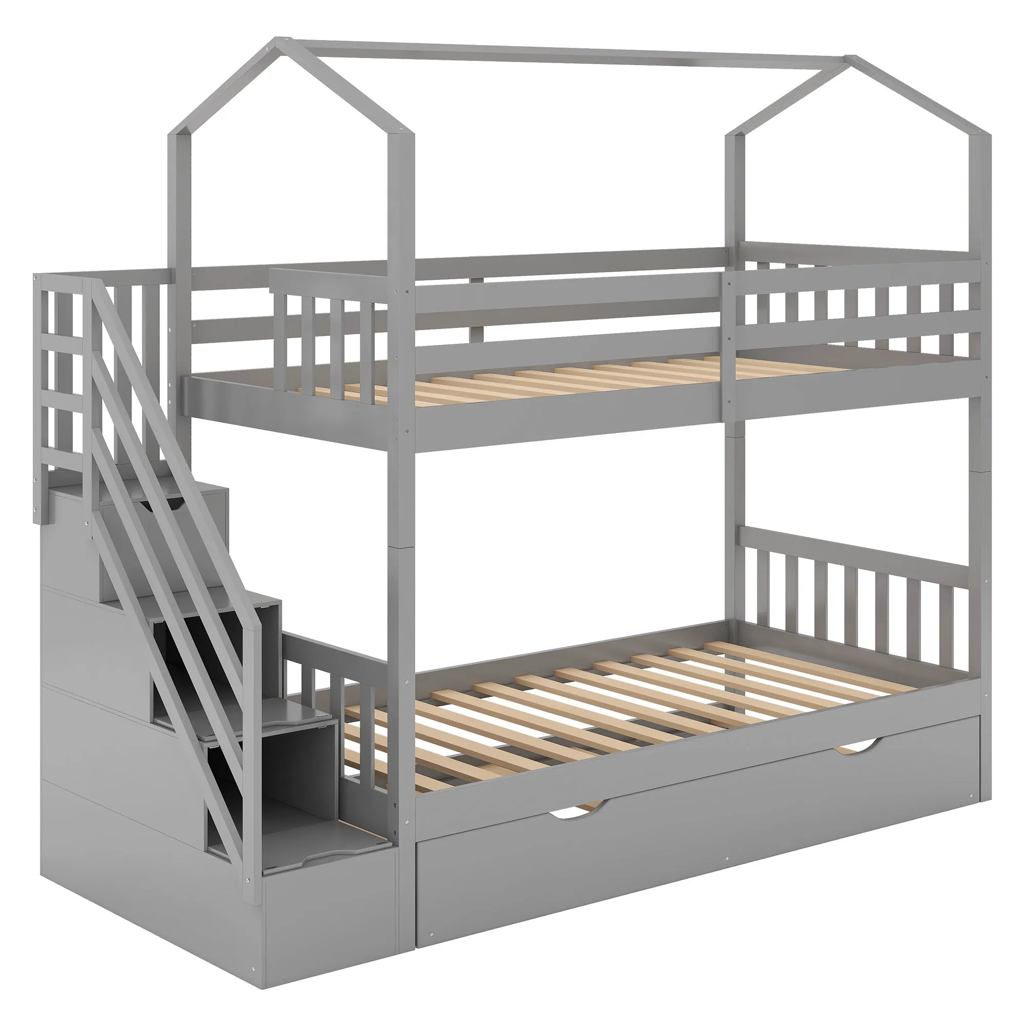 Good Life Twin over Twin House Bunk Bed with Staircase and Storage Space