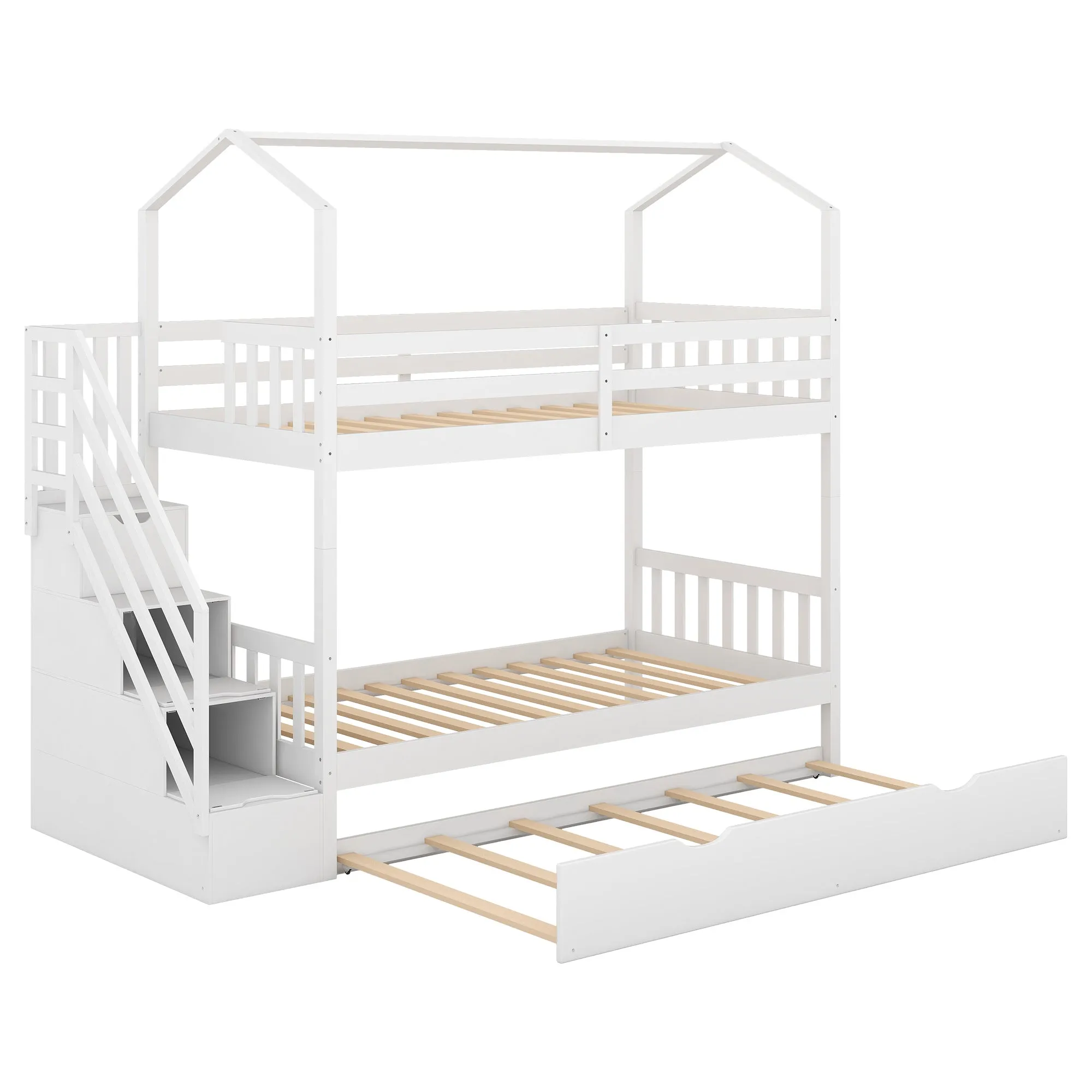 Good Life Twin over Twin House Bunk Bed with Staircase and Storage Space