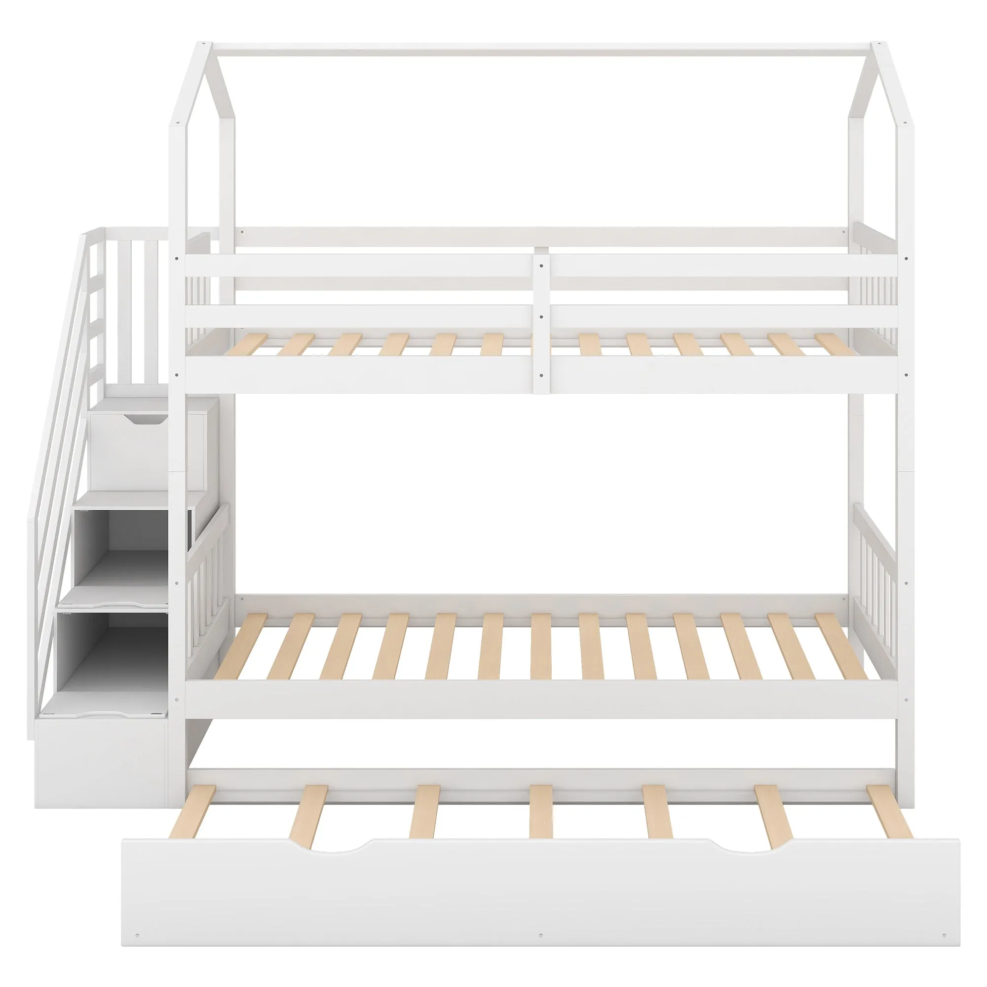 Good Life Twin over Twin House Bunk Bed with Staircase and Storage Space