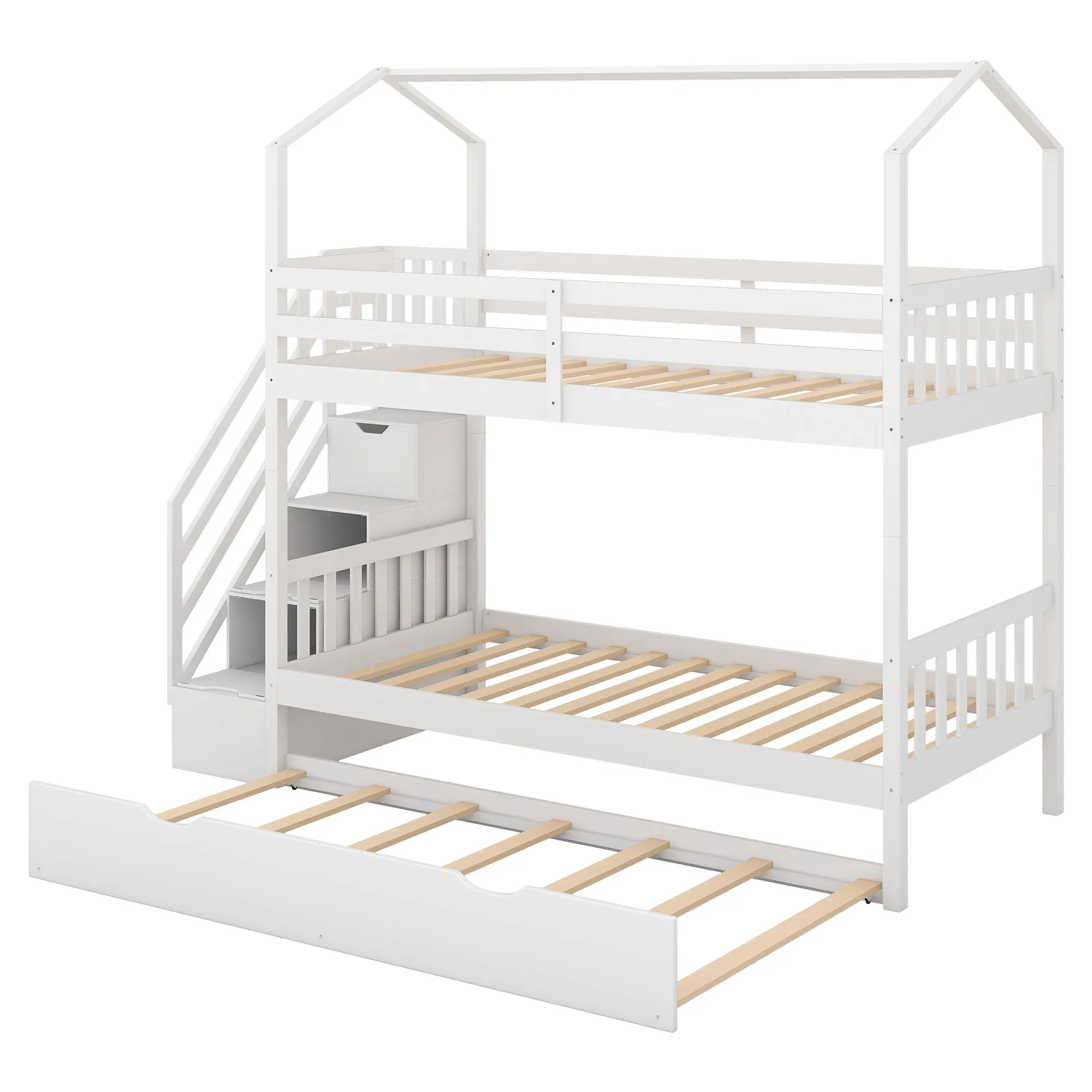 Good Life Twin over Twin House Bunk Bed with Staircase and Storage Space