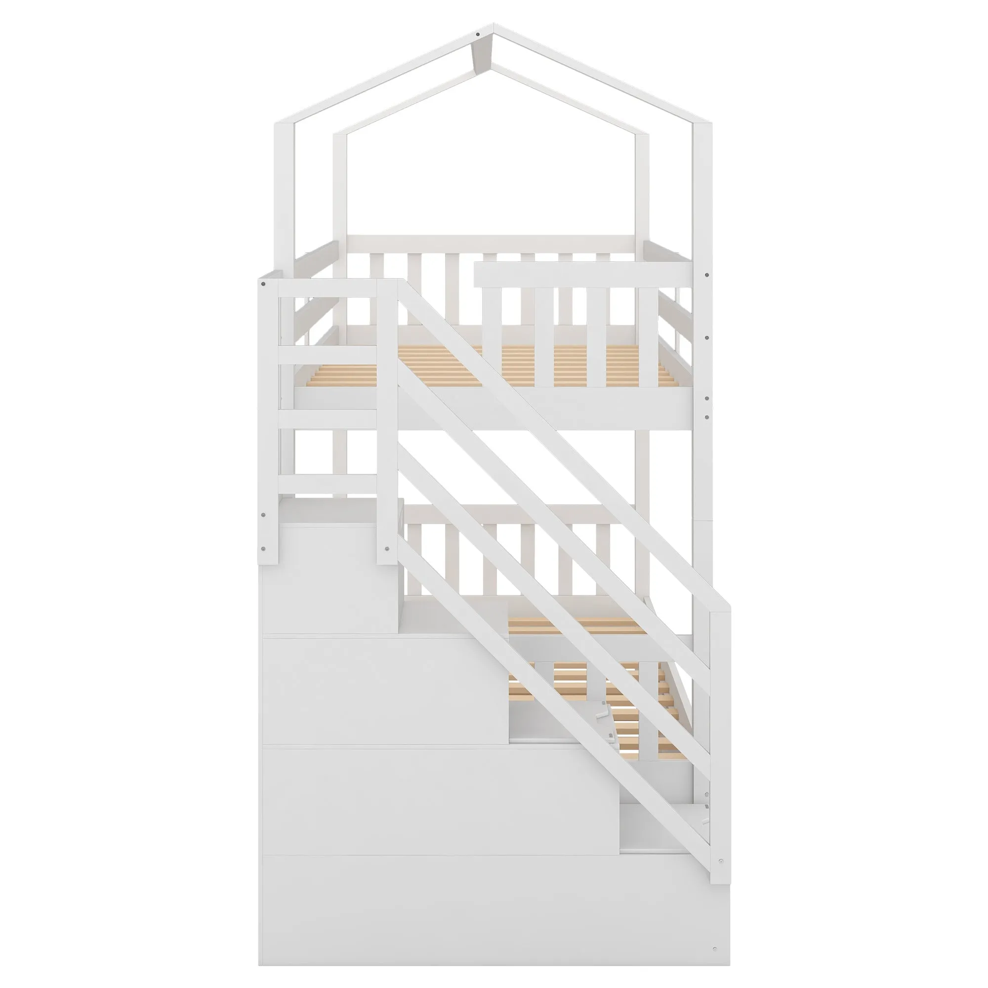 Good Life Twin over Twin House Bunk Bed with Staircase and Storage Space