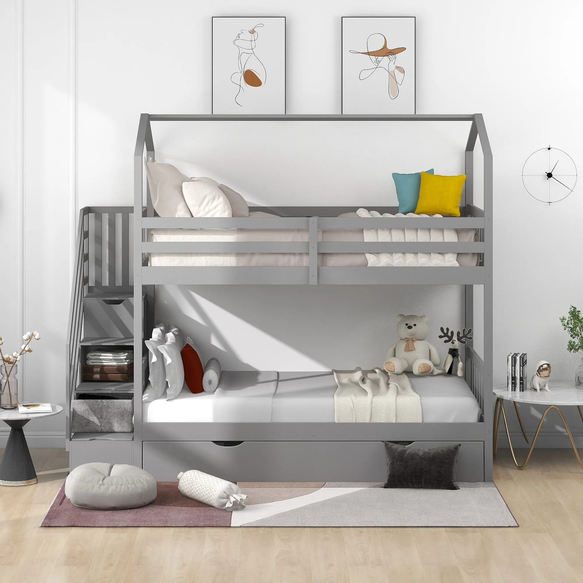 Good Life Twin over Twin House Bunk Bed with Staircase and Storage Space