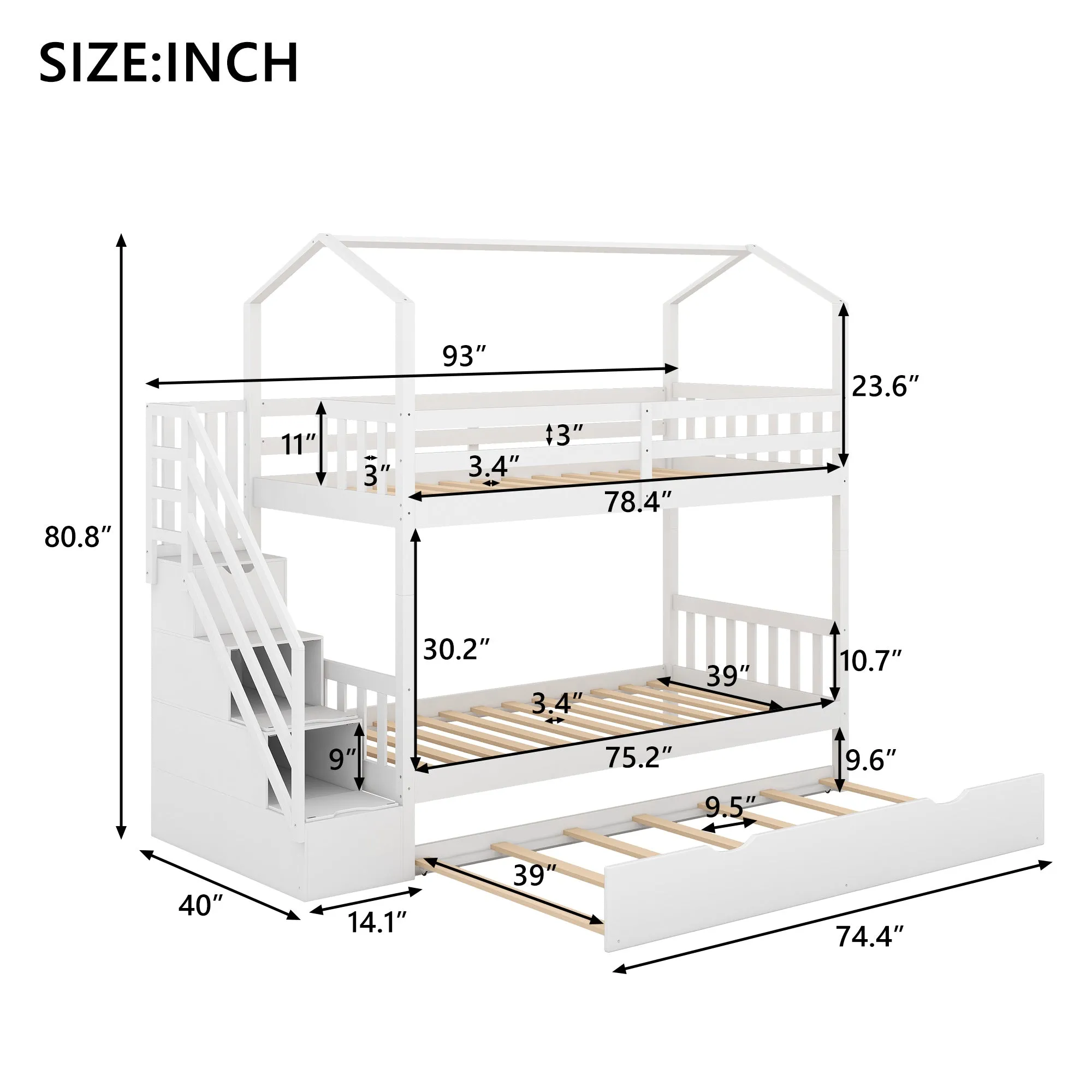 Good Life Twin over Twin House Bunk Bed with Staircase and Storage Space