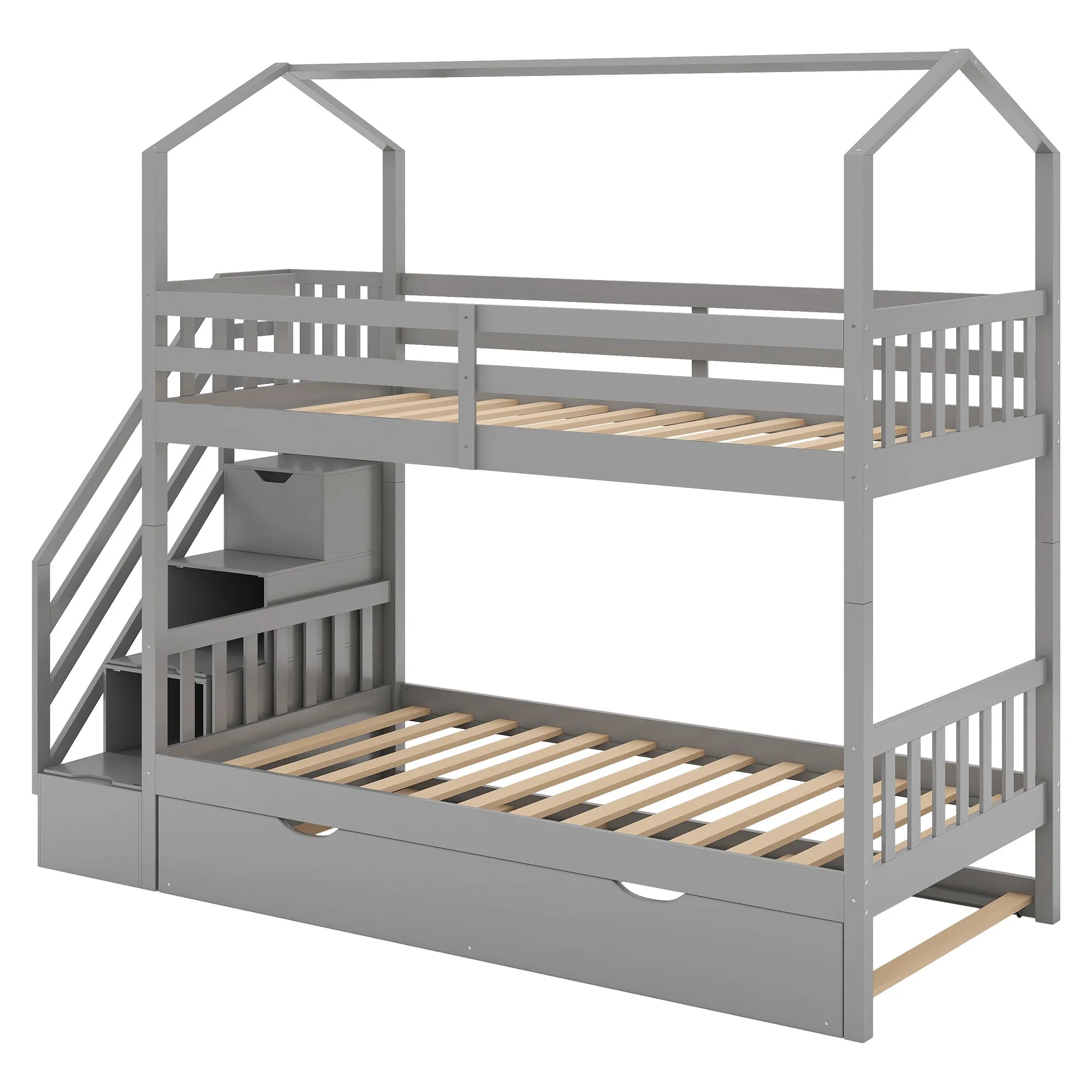 Good Life Twin over Twin House Bunk Bed with Staircase and Storage Space