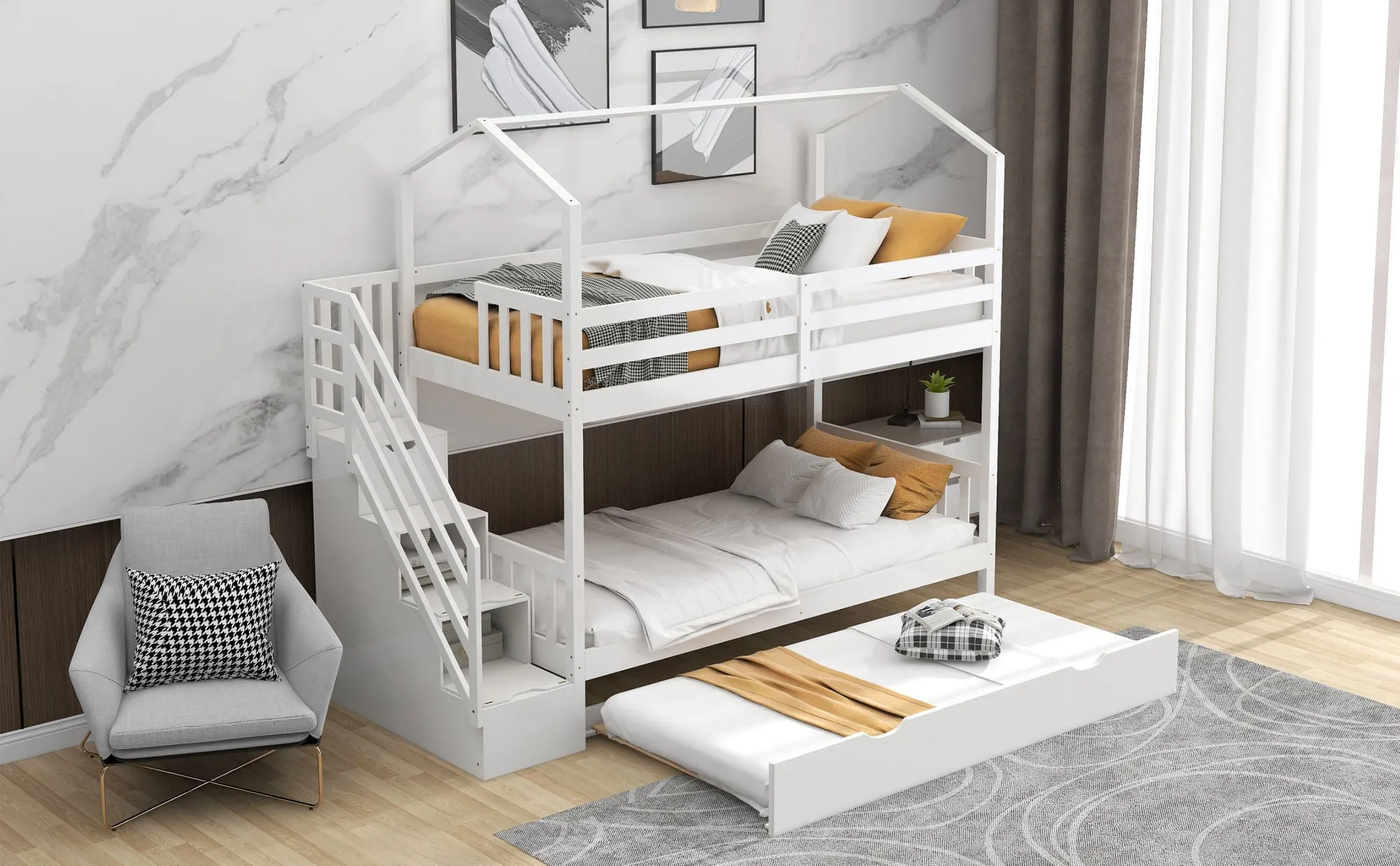 Good Life Twin over Twin House Bunk Bed with Staircase and Storage Space
