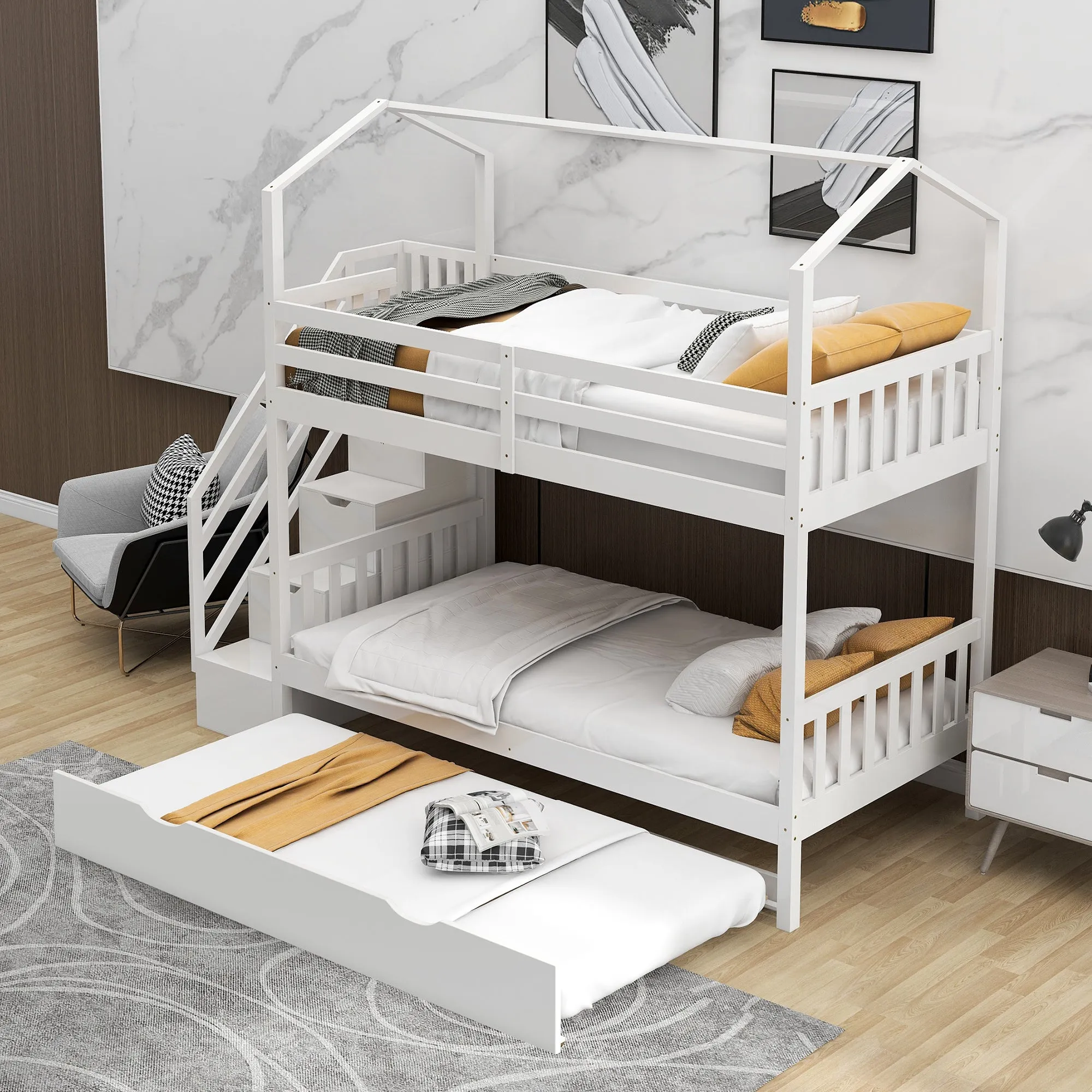 Good Life Twin over Twin House Bunk Bed with Staircase and Storage Space