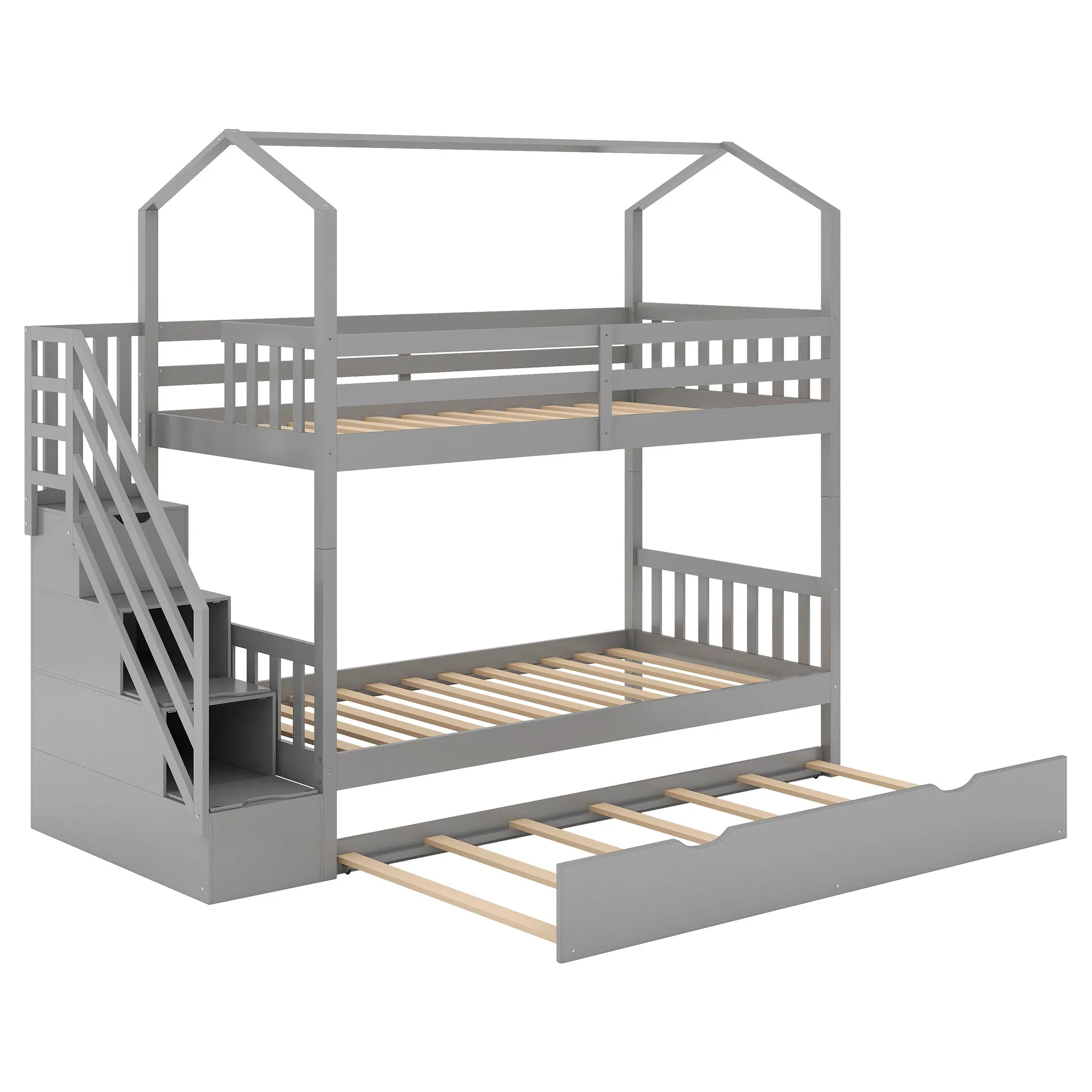 Good Life Twin over Twin House Bunk Bed with Staircase and Storage Space