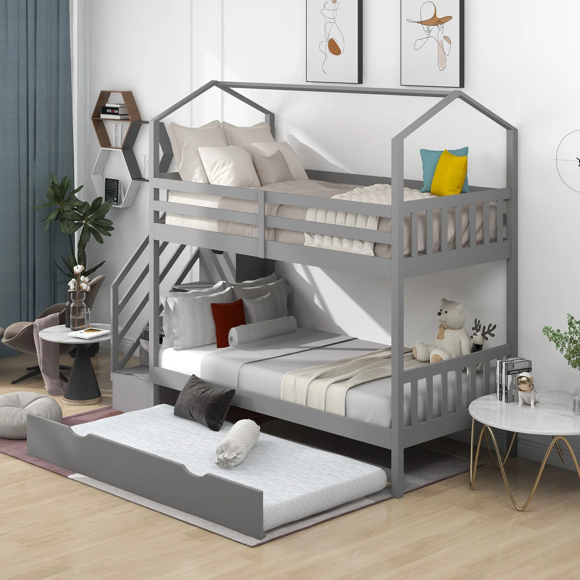 Good Life Twin over Twin House Bunk Bed with Staircase and Storage Space