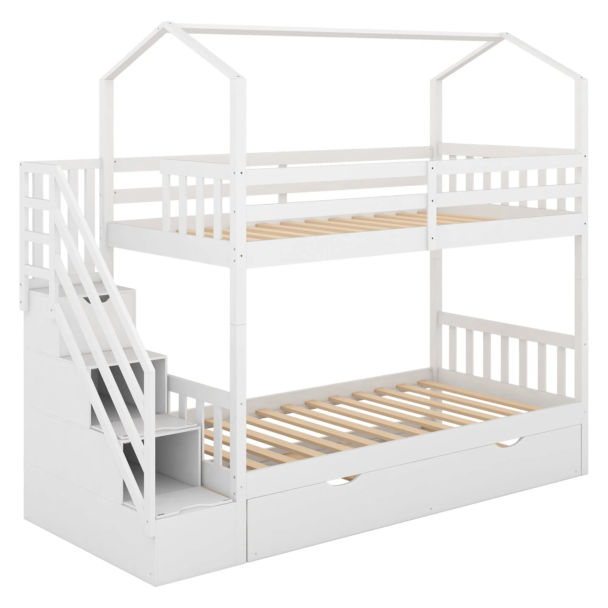 Good Life Twin over Twin House Bunk Bed with Staircase and Storage Space