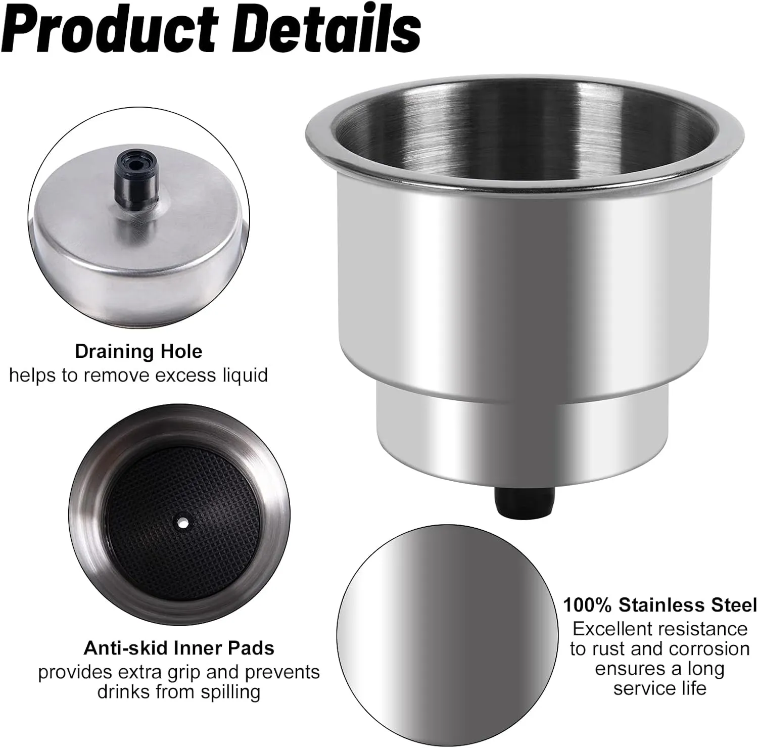 Goture Stainless Steel Cup Drink Holder with Drain Marine Boat Rv Camper Rod