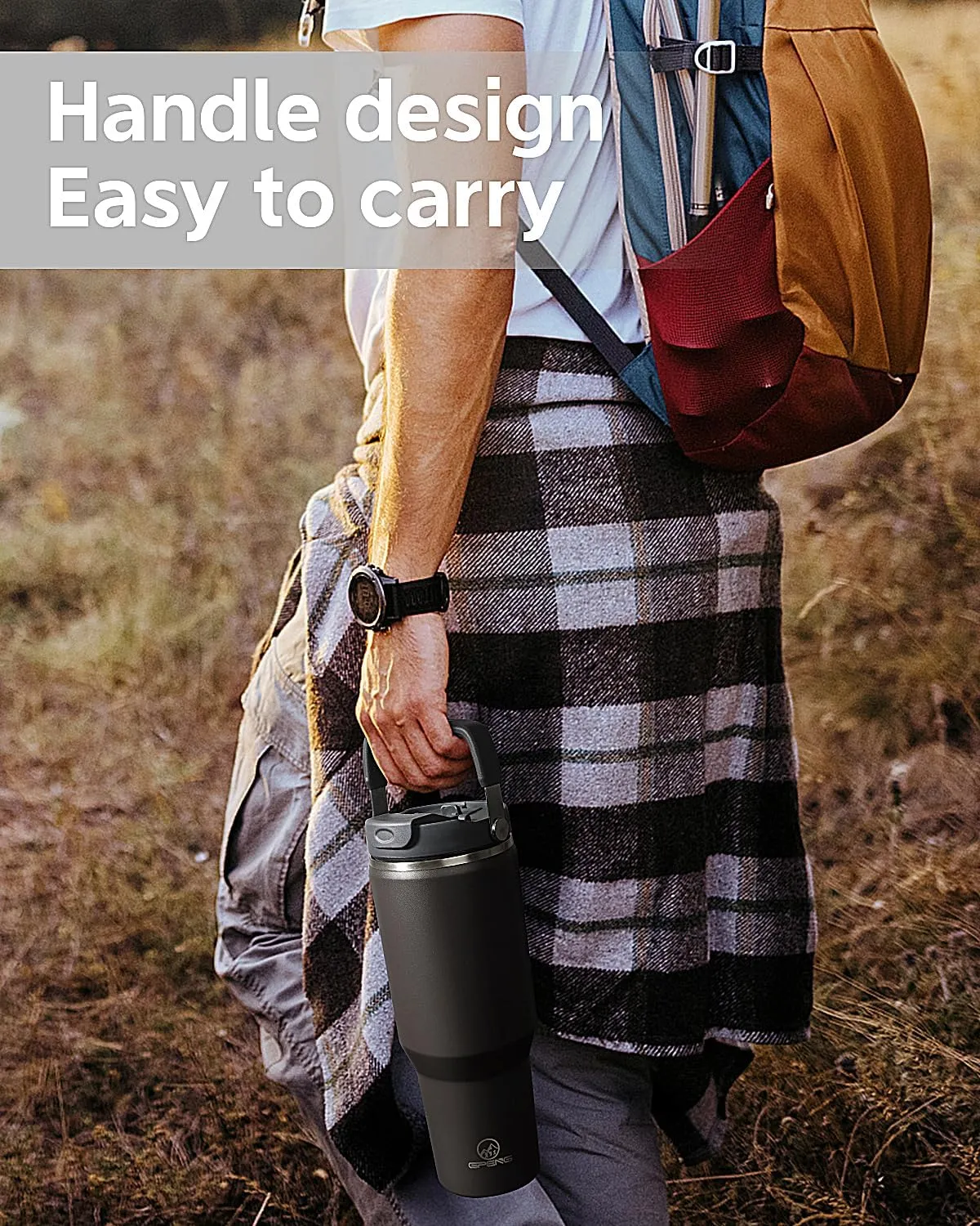 Gpeng 40 oz Tumbler with Handle, Water Bottles with Straw Lid, Insulated Stainless Steel Travel Mug Cup Holder Friendly, Keep Drinks Cold or Hot for 48  Hours