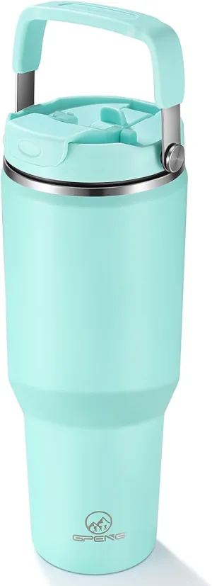 Gpeng 40 oz Tumbler with Handle, Water Bottles with Straw Lid, Insulated Stainless Steel Travel Mug Cup Holder Friendly, Keep Drinks Cold or Hot for 48  Hours