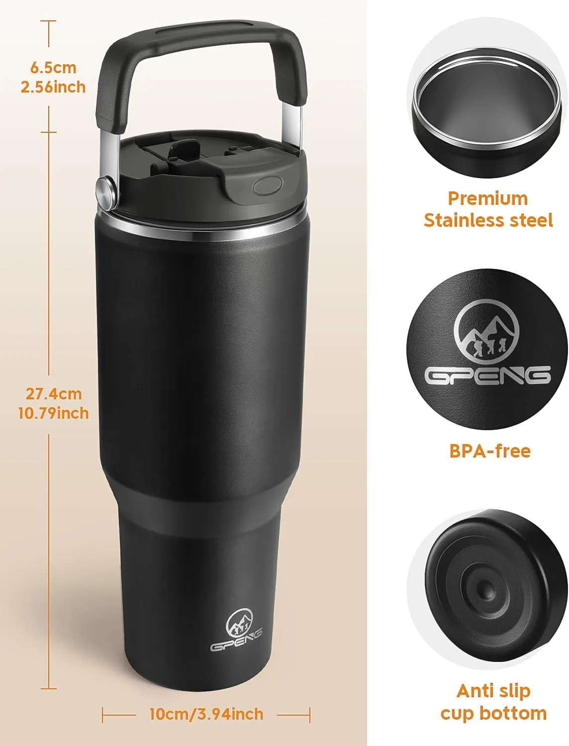 Gpeng 40 oz Tumbler with Handle, Water Bottles with Straw Lid, Insulated Stainless Steel Travel Mug Cup Holder Friendly, Keep Drinks Cold or Hot for 48  Hours
