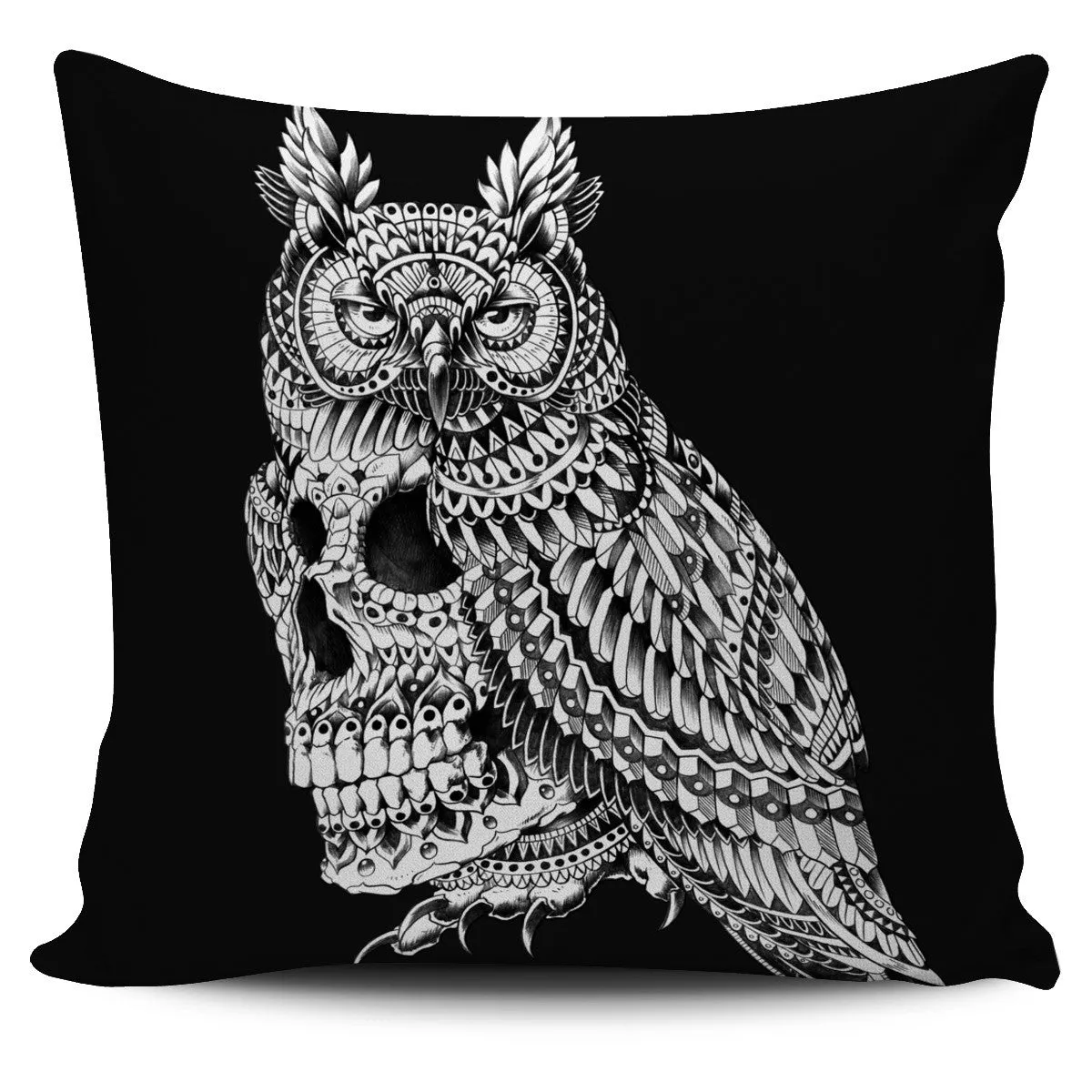 GREAT HORNED SKULL ORNATE PILLOW COVER - BLACK