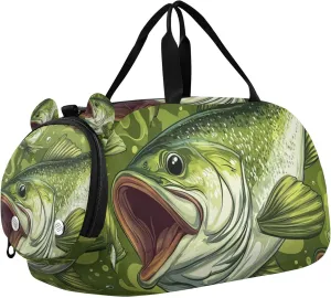 Green Bass Tuna Fish Duffle Bag for Toddler Girls Boys, Sports Gym Bag with Shoe Compartments, Kids Travel Overnight Weekender Shoulder Bag