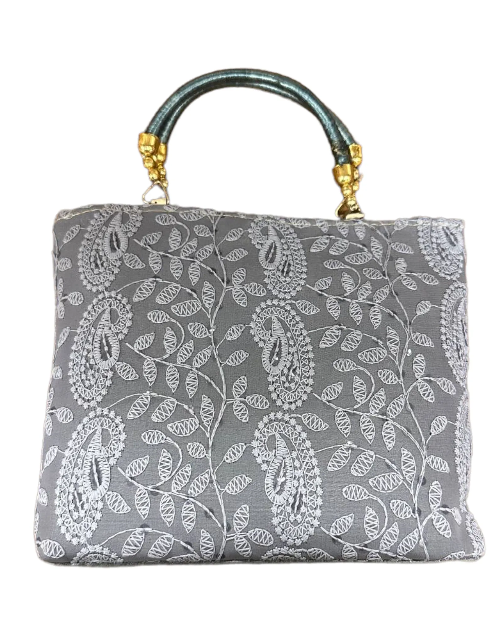 Grey Lucknowi Chikankari Embroidery Hand Bag Purse