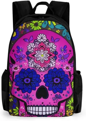 Grunge Mexican Sugar Skulls Day Of The Dead Flowers Art Rucksacks Lightweight Multipurpose Anti-Theft Shoulder Bag Big Capacity Traveling & Camping Backpack With Side Pockets