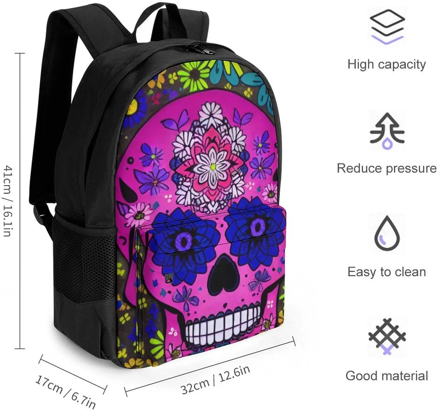 Grunge Mexican Sugar Skulls Day Of The Dead Flowers Art Rucksacks Lightweight Multipurpose Anti-Theft Shoulder Bag Big Capacity Traveling & Camping Backpack With Side Pockets