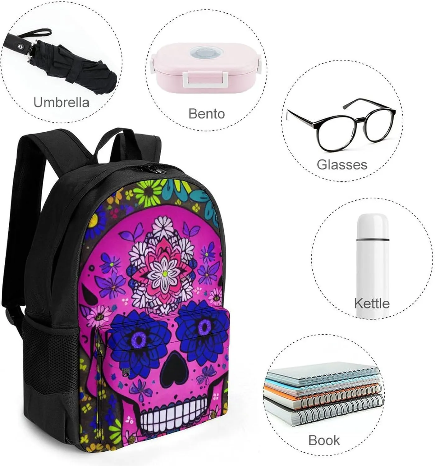 Grunge Mexican Sugar Skulls Day Of The Dead Flowers Art Rucksacks Lightweight Multipurpose Anti-Theft Shoulder Bag Big Capacity Traveling & Camping Backpack With Side Pockets