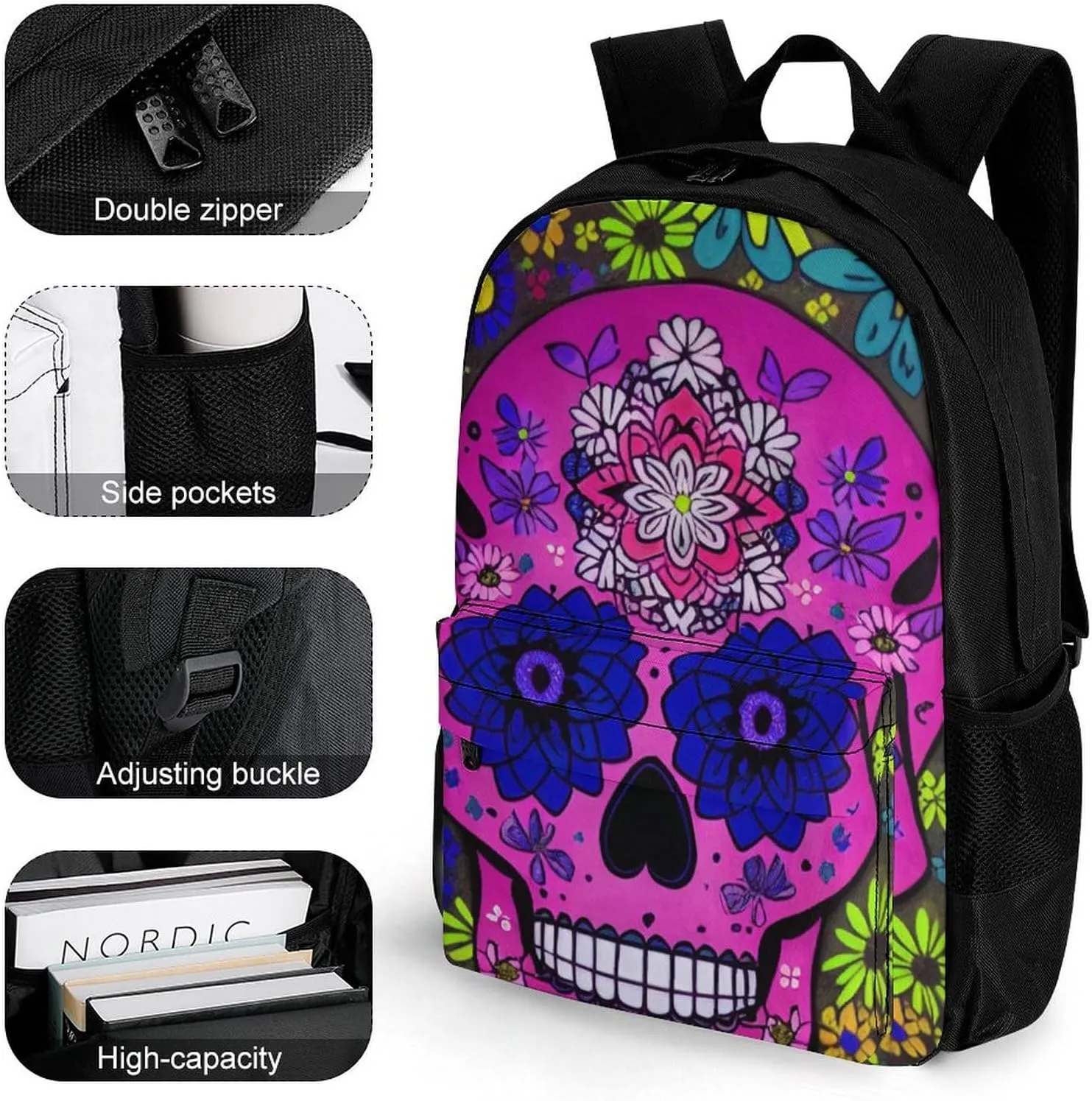 Grunge Mexican Sugar Skulls Day Of The Dead Flowers Art Rucksacks Lightweight Multipurpose Anti-Theft Shoulder Bag Big Capacity Traveling & Camping Backpack With Side Pockets