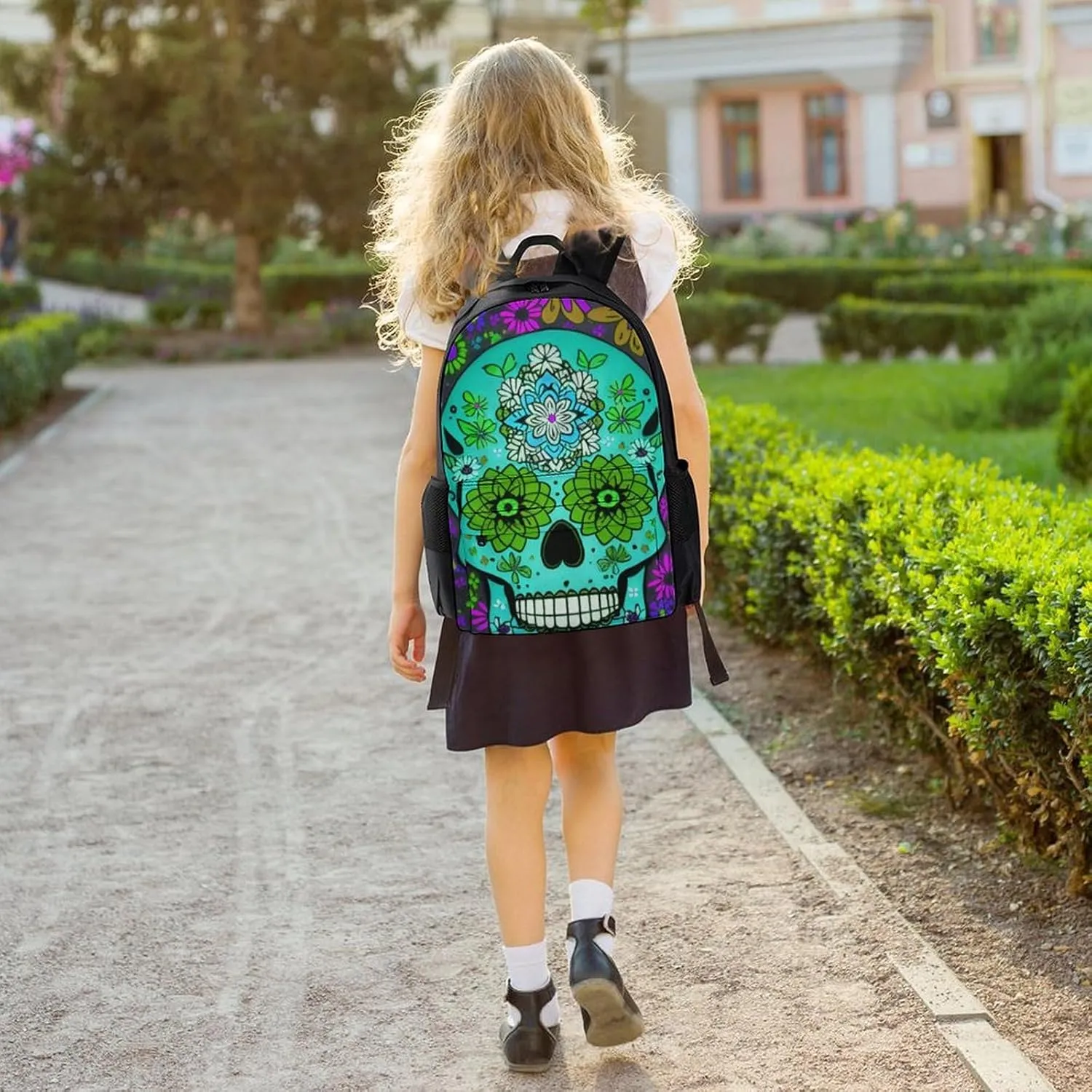 Grunge Mexican Sugar Skulls Day Of The Dead Flowers Art Shoulder Book Bags Polyester Multipurpose Anti-Theft Carry On Bag Large Capacity Travel Hiking & Camping Rucksack