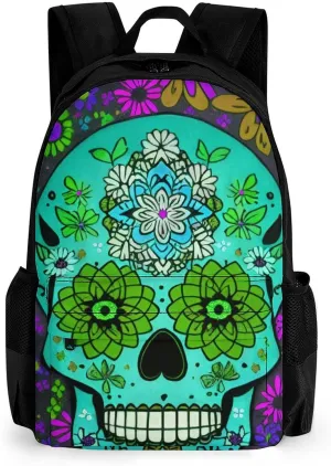 Grunge Mexican Sugar Skulls Day Of The Dead Flowers Art Shoulder Book Bags Polyester Multipurpose Anti-Theft Carry On Bag Large Capacity Travel Hiking & Camping Rucksack