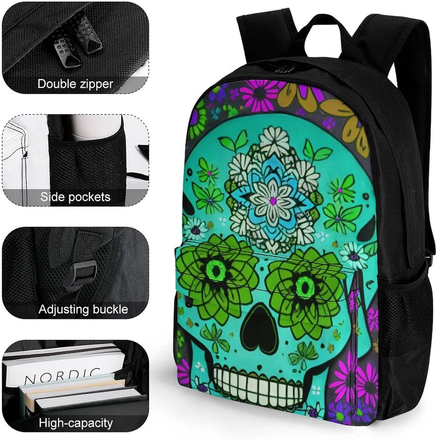Grunge Mexican Sugar Skulls Day Of The Dead Flowers Art Shoulder Book Bags Polyester Multipurpose Anti-Theft Carry On Bag Large Capacity Travel Hiking & Camping Rucksack
