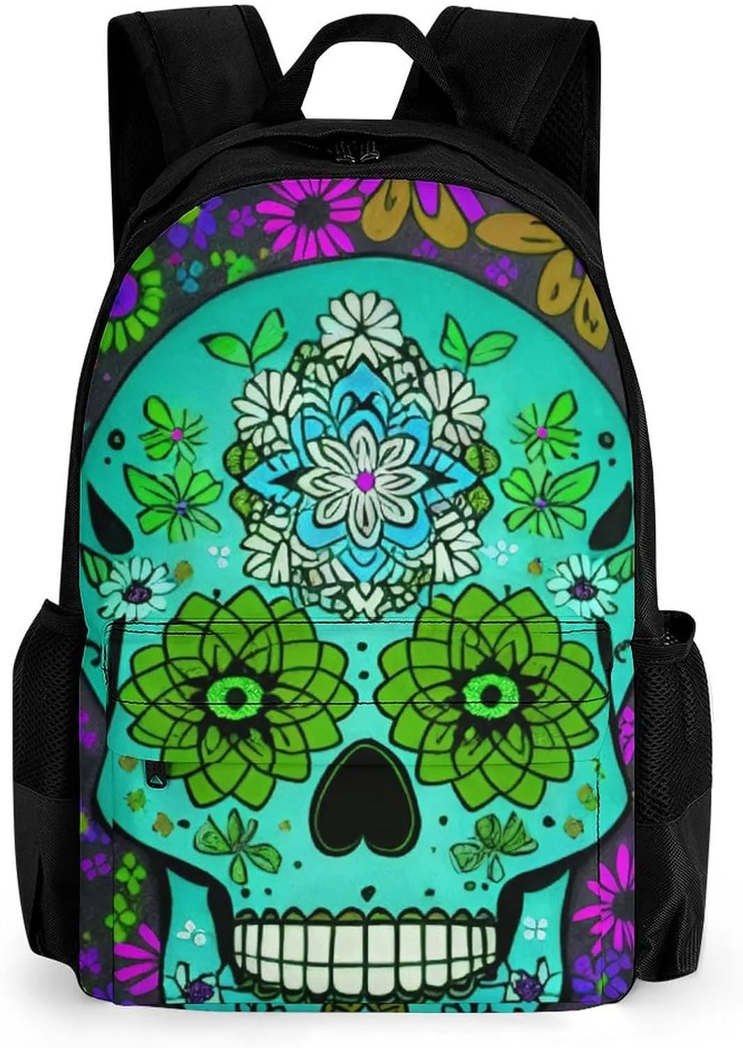 Grunge Mexican Sugar Skulls Day Of The Dead Flowers Art Shoulder Book Bags Polyester Multipurpose Anti-Theft Carry On Bag Large Capacity Travel Hiking & Camping Rucksack