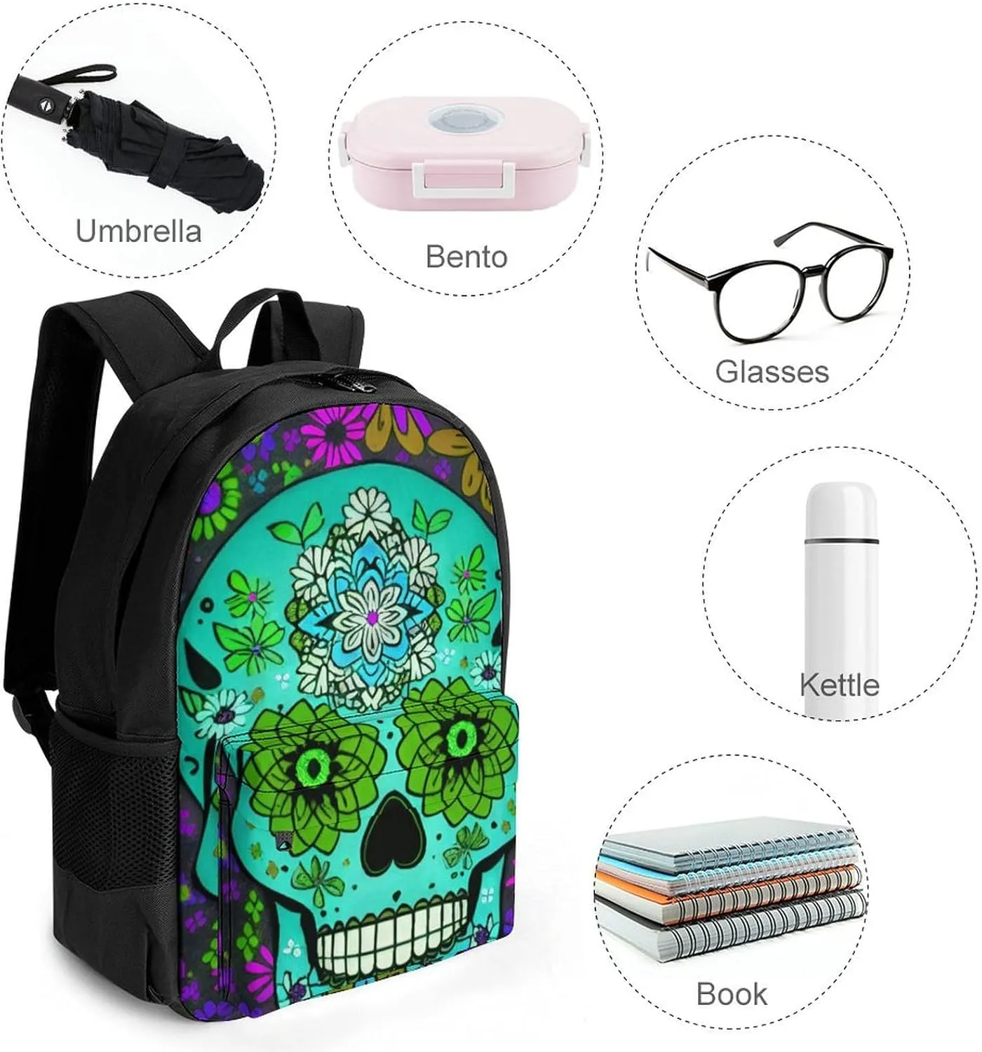 Grunge Mexican Sugar Skulls Day Of The Dead Flowers Art Shoulder Book Bags Polyester Multipurpose Anti-Theft Carry On Bag Large Capacity Travel Hiking & Camping Rucksack