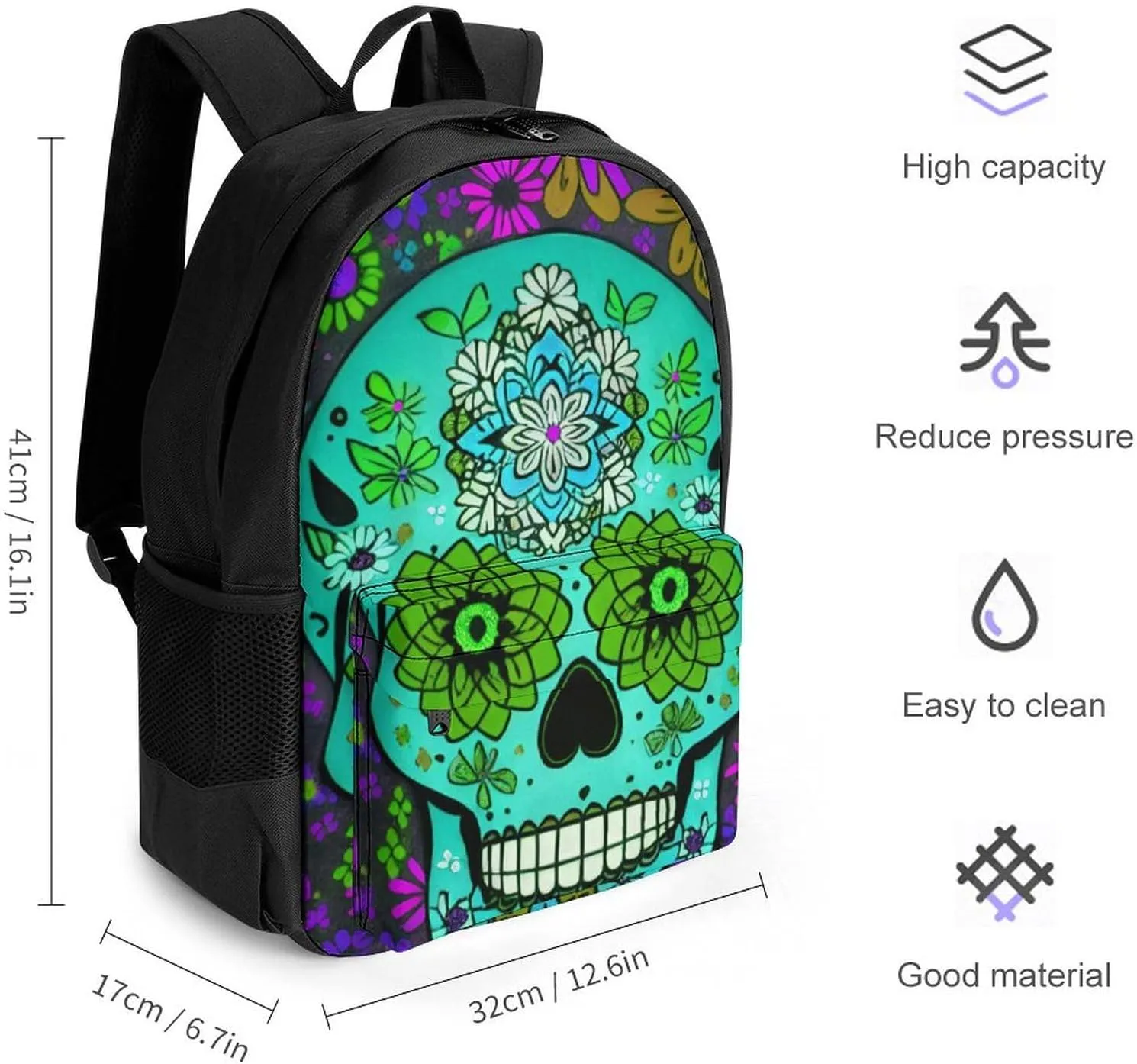 Grunge Mexican Sugar Skulls Day Of The Dead Flowers Art Shoulder Book Bags Polyester Multipurpose Anti-Theft Carry On Bag Large Capacity Travel Hiking & Camping Rucksack