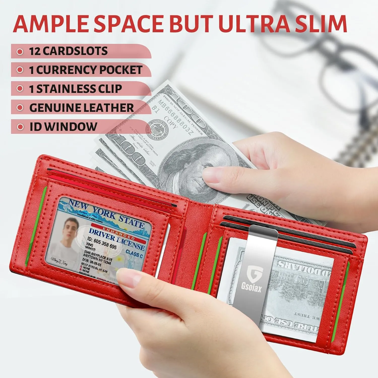 GSOIAX Slim Leather RFID Bifold Wallet for Men - Minimalist Front Pocket Wallet with Money Clip,12 Card Slots,ID Window,Cool Groove Design,Includes Gift Box(Carbon Red