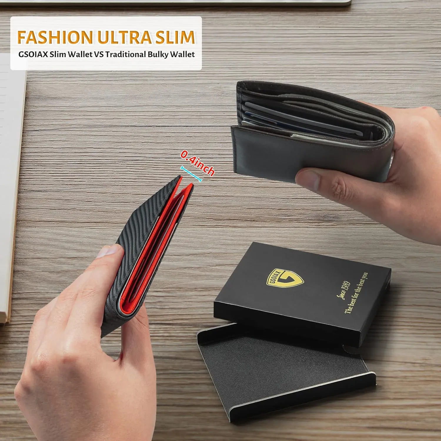 GSOIAX Slim Leather RFID Bifold Wallet for Men - Minimalist Front Pocket Wallet with Money Clip,12 Card Slots,ID Window,Cool Groove Design,Includes Gift Box(Carbon Red