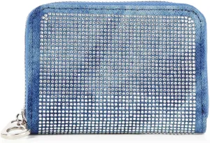 Handbag Express Rhinestone Design Zip Around Petite Wallet (Blue-Dots)