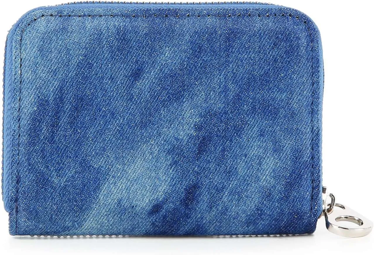 Handbag Express Rhinestone Design Zip Around Petite Wallet (Blue-Dots)
